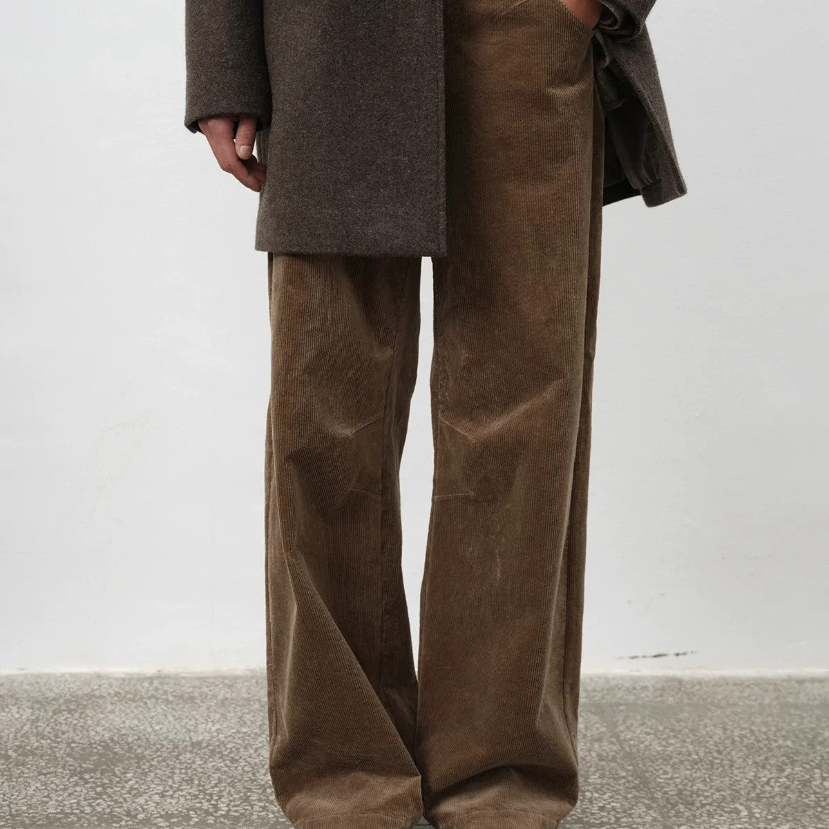 RandomPiece Air Washed Stretch Corduroy Pants in Brown - On Model