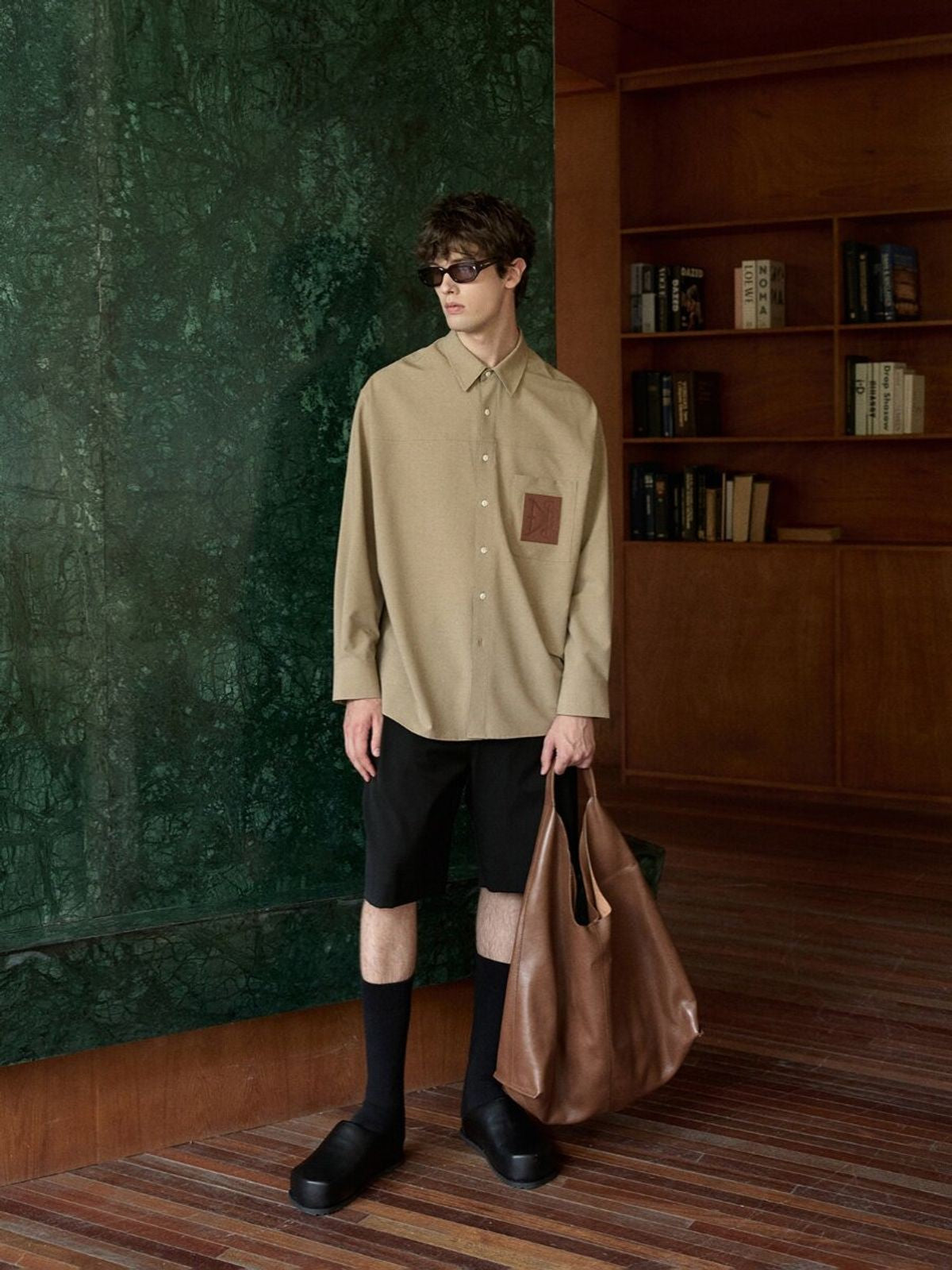 NANS Oversized Shirt with Leather Patch in Beige - On Male Model
