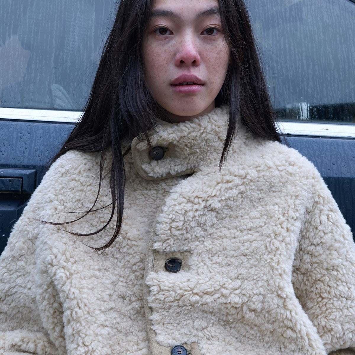 RandomPiece Reversible Faux Shearling Coat in Beige - On Model