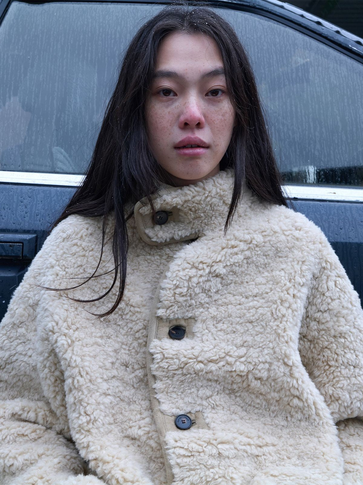 RandomPiece Reversible Faux Shearling Coat in Beige - On Model