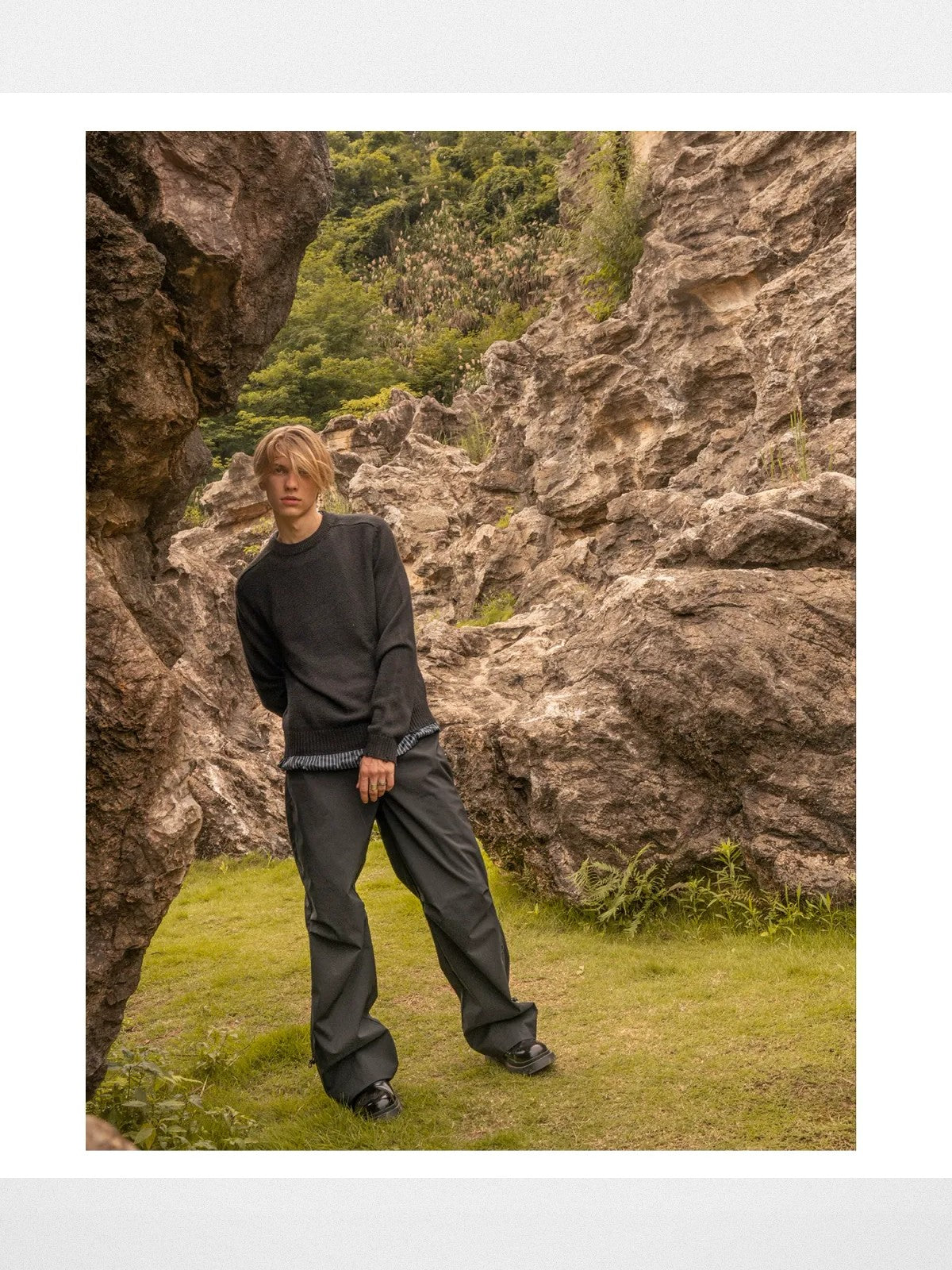 Roolrren Homme Distressed Layered Wool Sweater in Black - On Model