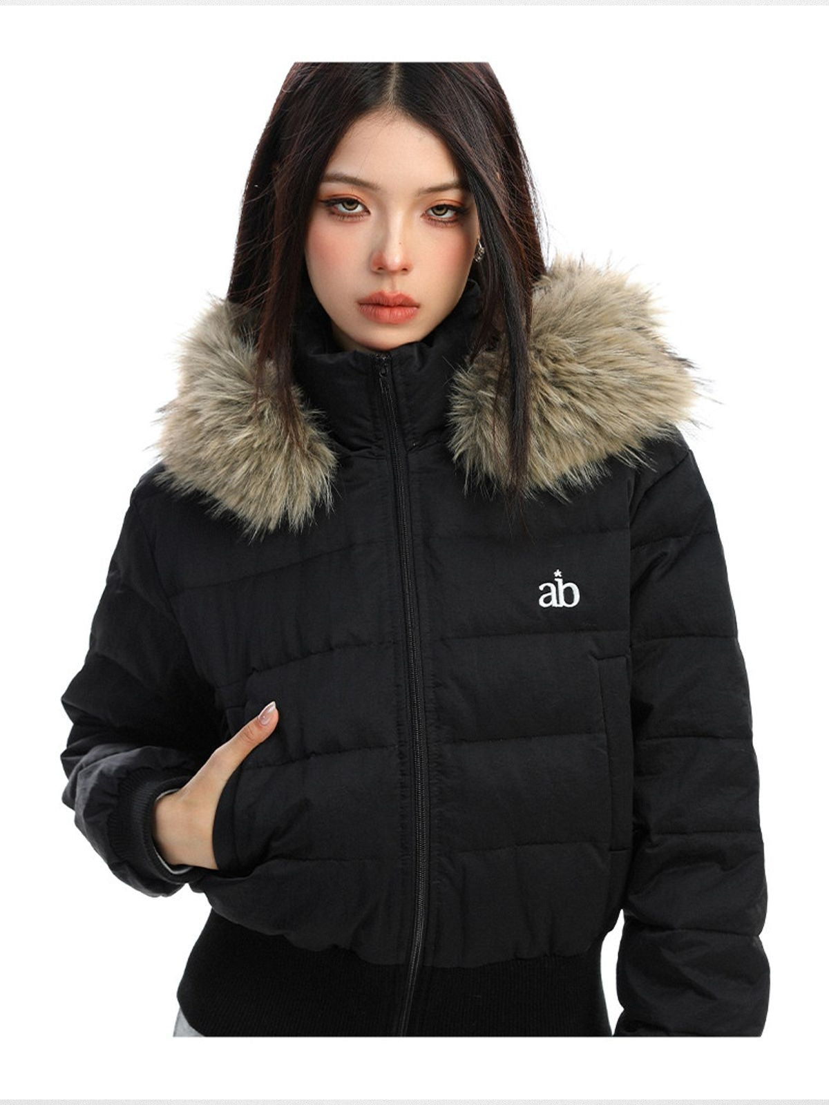 Big Gold studio Fur Trimmed Cropped Down Puffer in Black - On Model