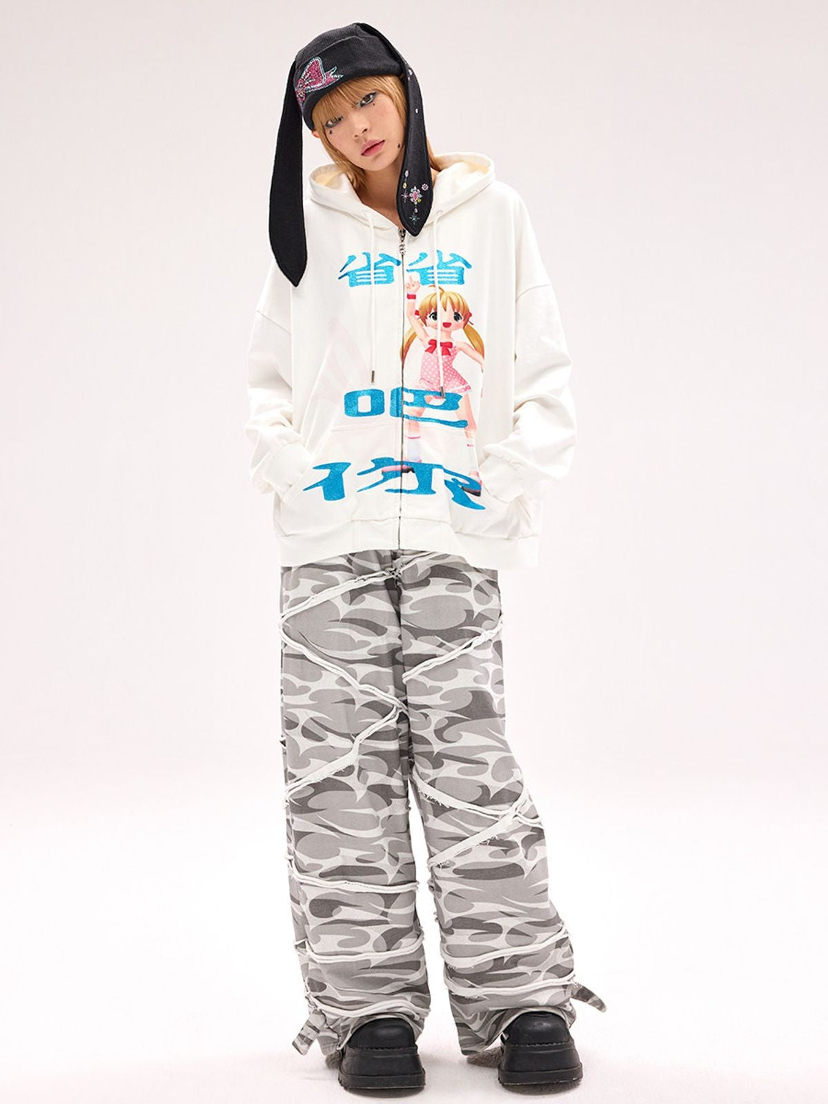 CFIERCE Save It Glitter Print Zip Up Hoodie in White - On Female Model