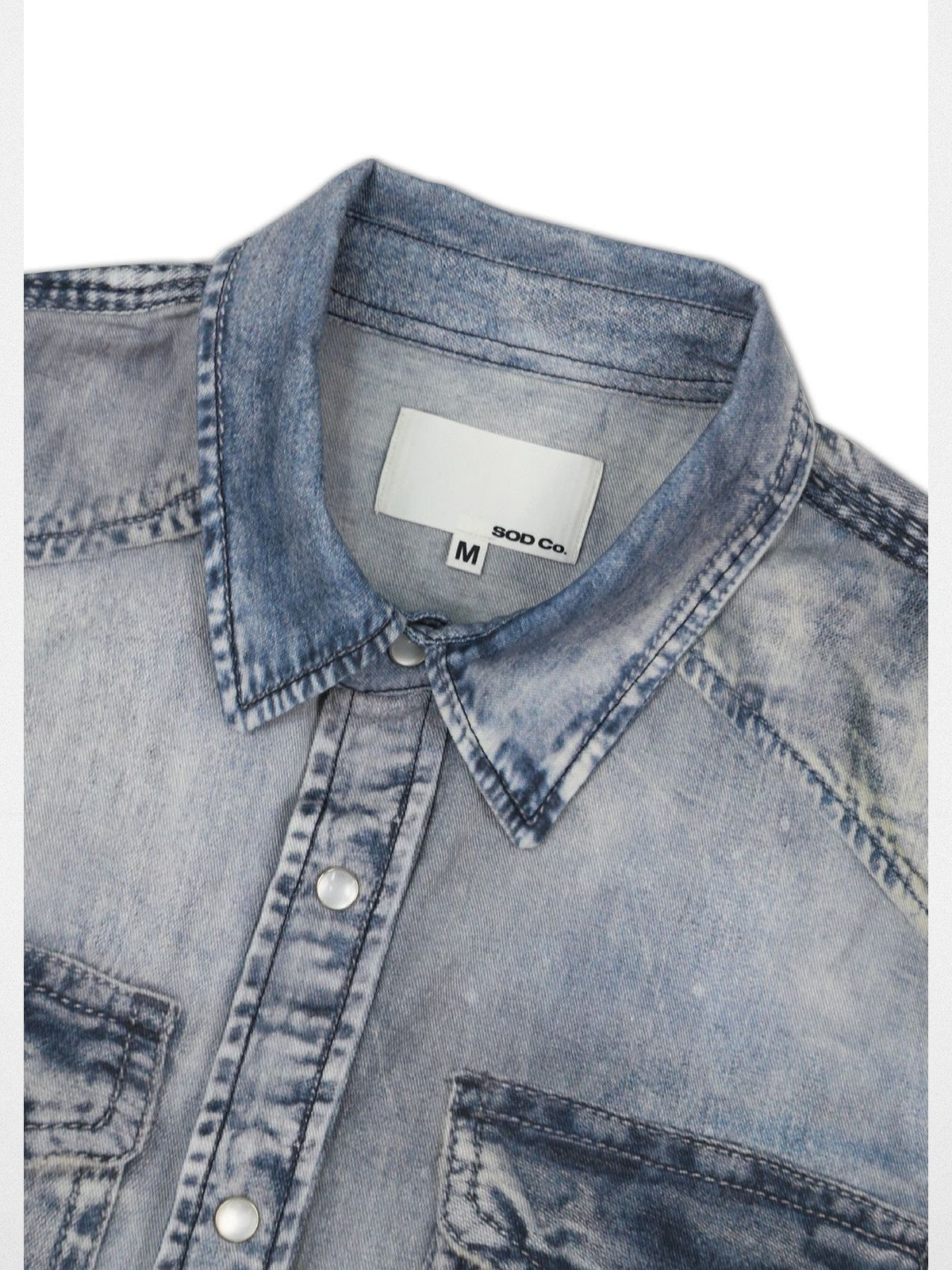 SOD Co. Distressed Ink Splatter Denim Shirt in Blue - Detail