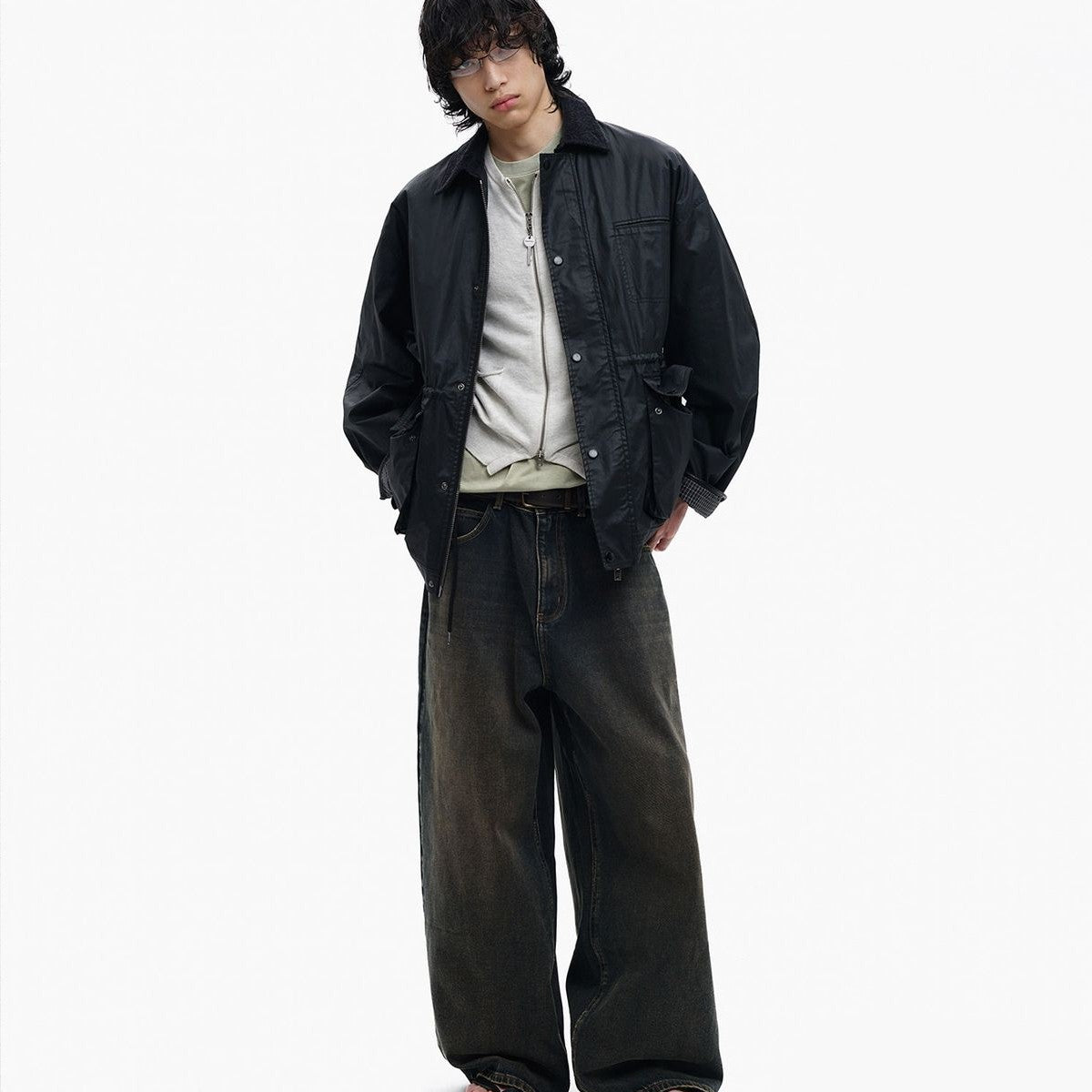 MasonPrince Waxed Pima Cotton Barn Jacket in Black - On Male Model #color_black