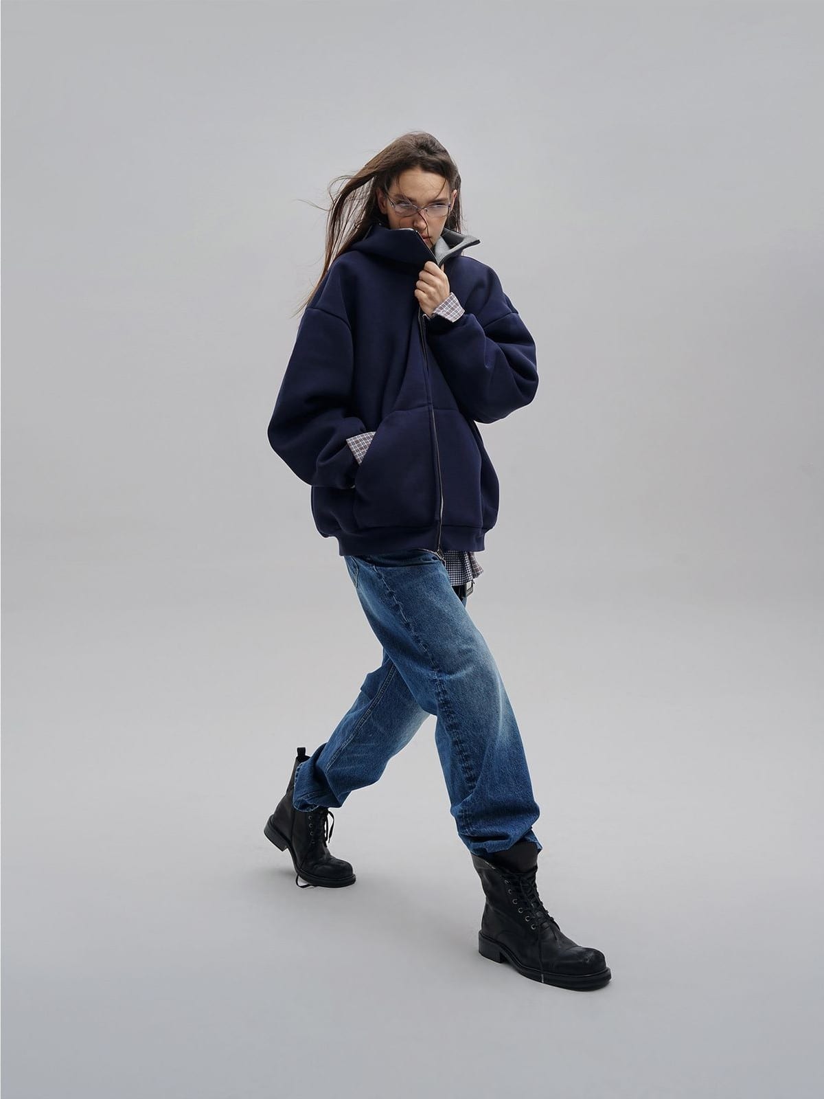 MasonPrince Dome Silhouette Zip Hoodie in Navy Blue - On Female Model