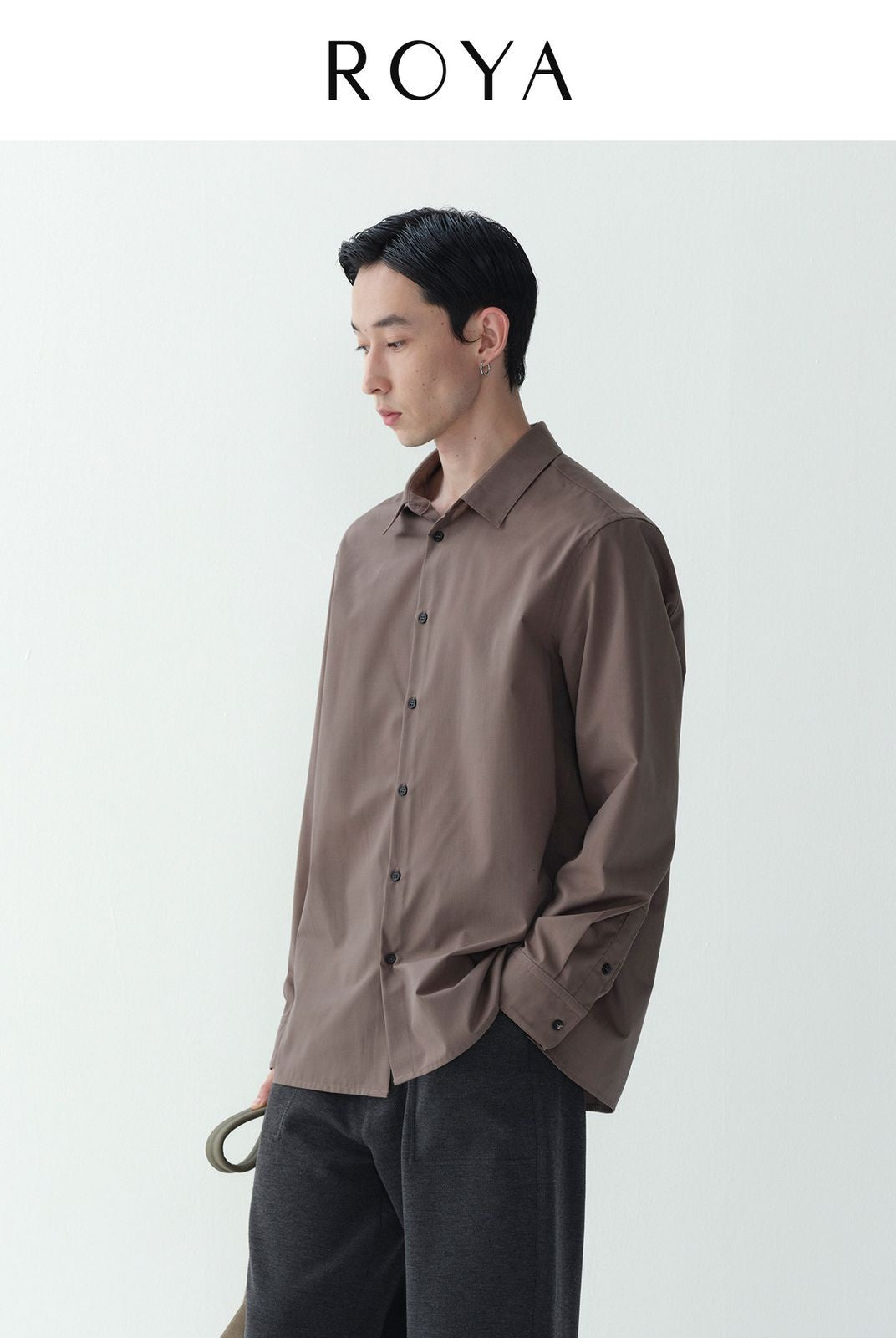 ROYA Australian Merino Wool Blend Shirt in Beige - On Model