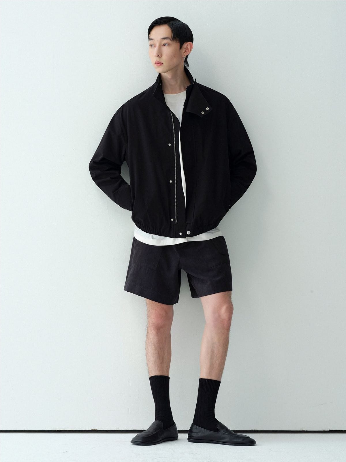 Roya Brushed Cotton Stand Collar Jacket in Black - On Model