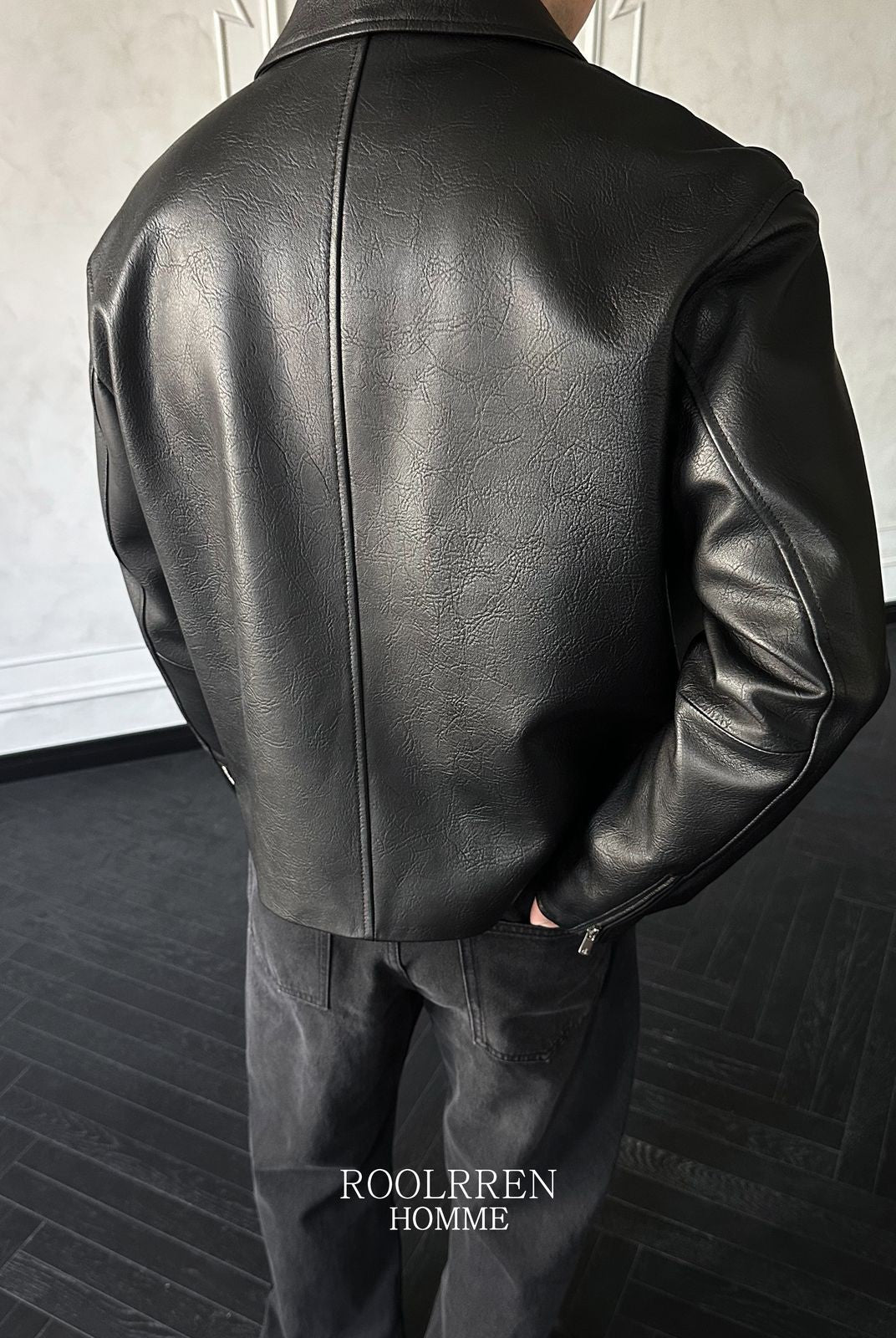 Roolrren Homme Distressed Italian Sheepskin Jacket in Black - On Model