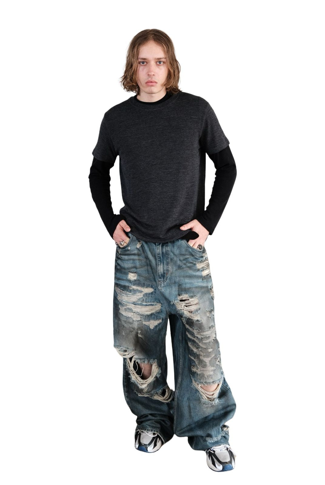 UNKNOWNWORLD Distressed Boro Mud Dyed Jeans in Denim - On Model