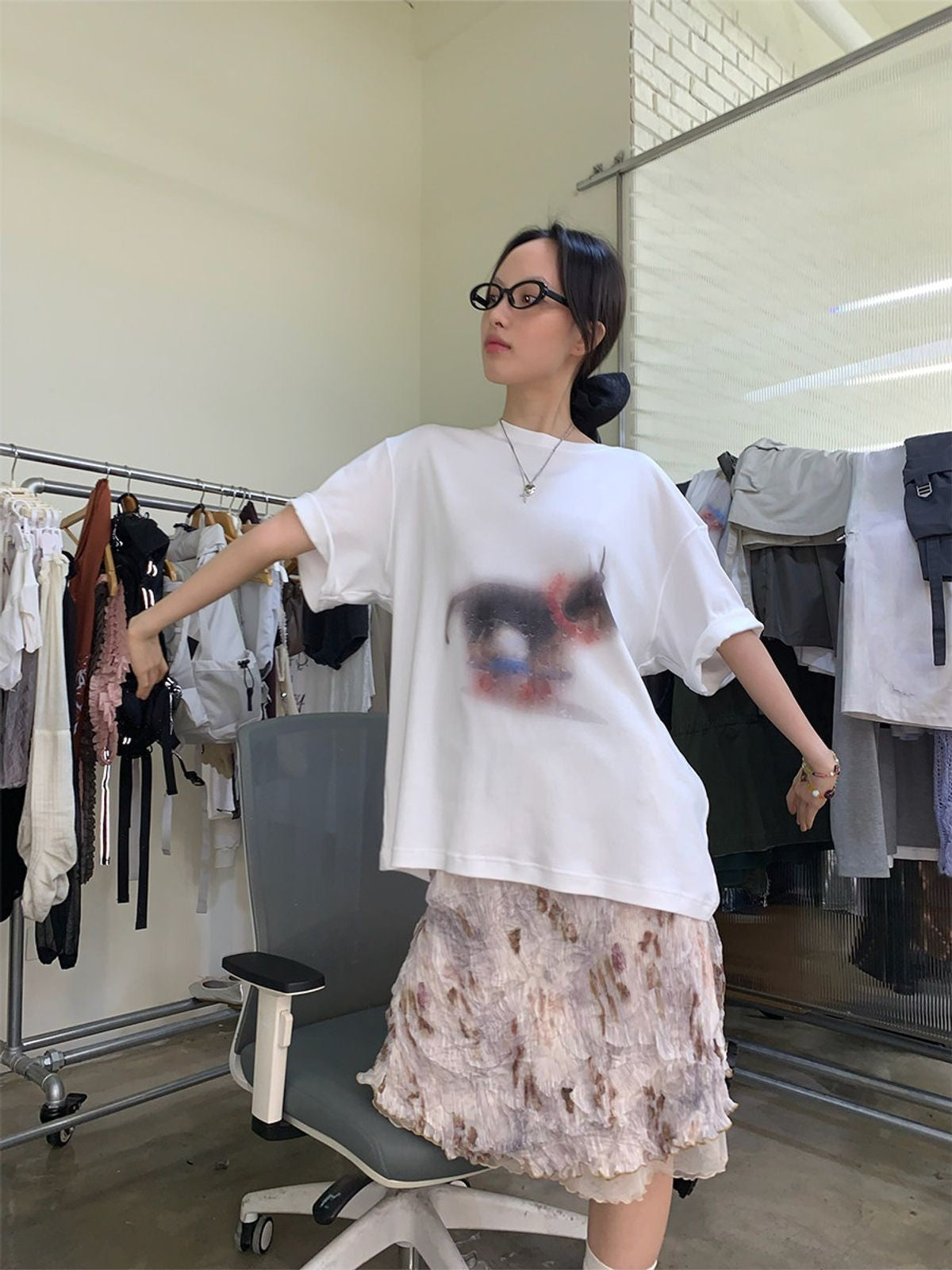 NeverSeez Hazy Puppy Print Cotton T Shirt in White - On Female Model