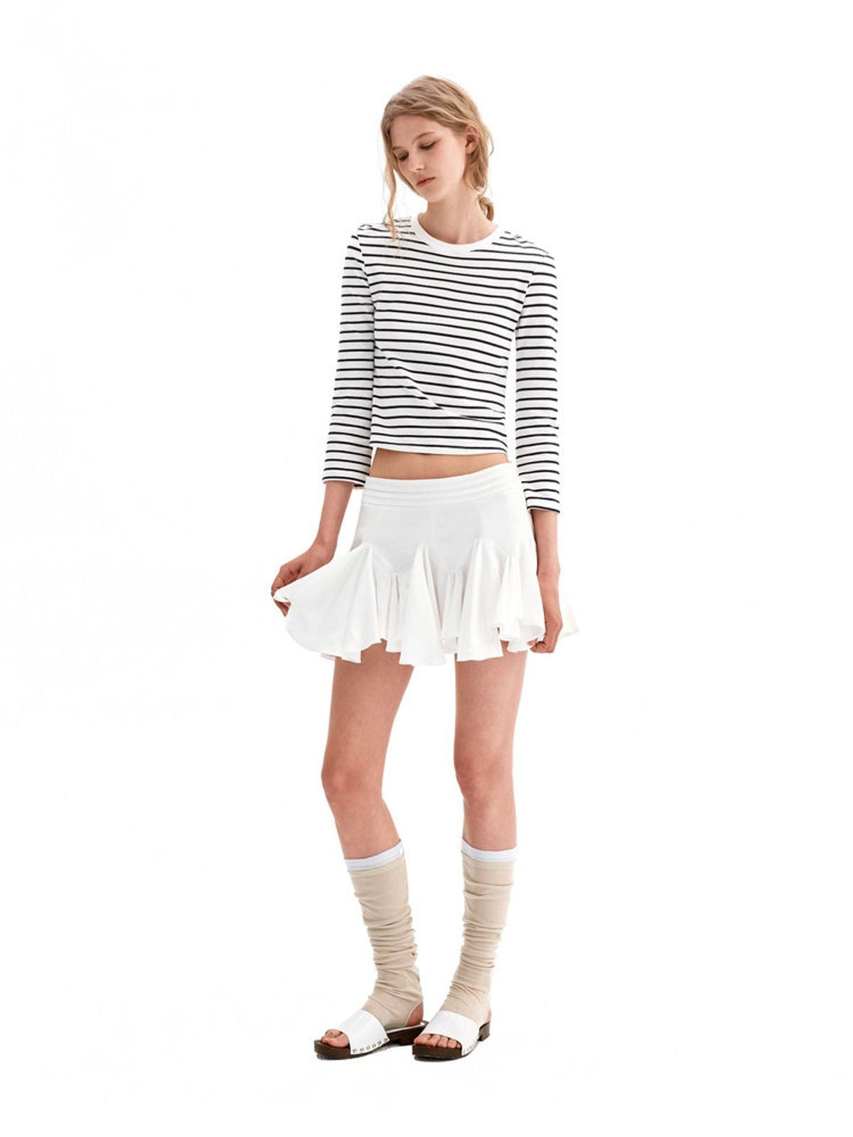 PUKI Striped Half Sleeve Cropped T Shirt in White - On Model