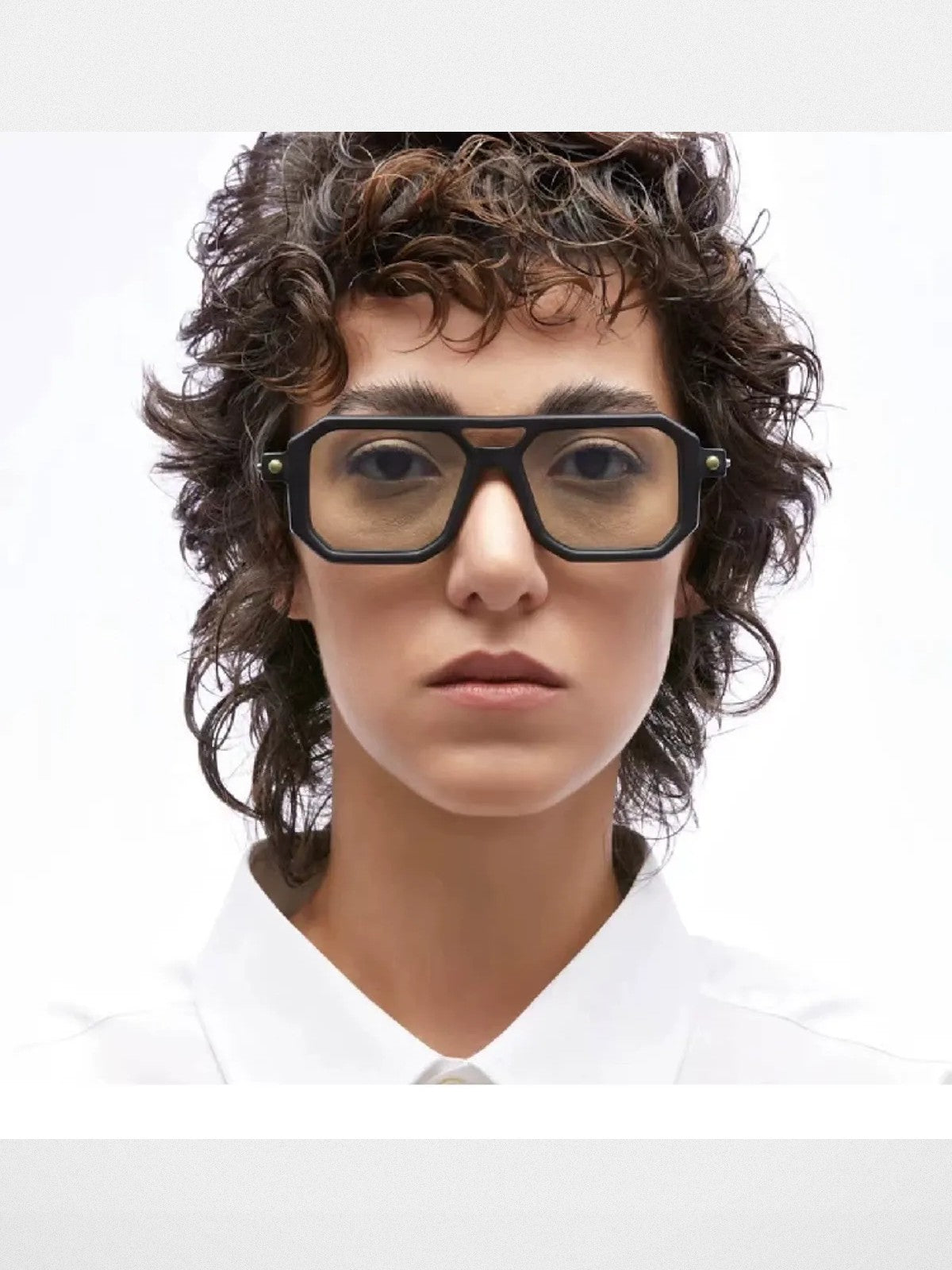 FUTURE UPDATE Oversized Geometric Double Bridge Glasses in Black - On Model