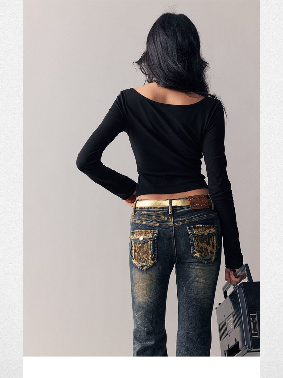 BeerBro Leopard Pocket Flared Jeans in Blue - On Model