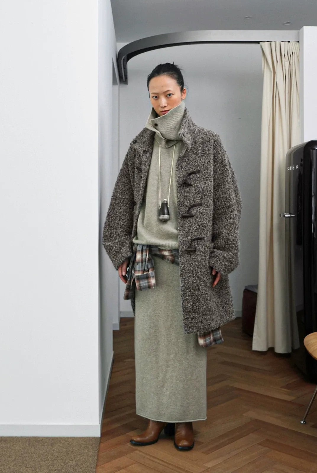 RandomPiece Alpaca Wool Boucl Toggle Coat in Beige - On Model