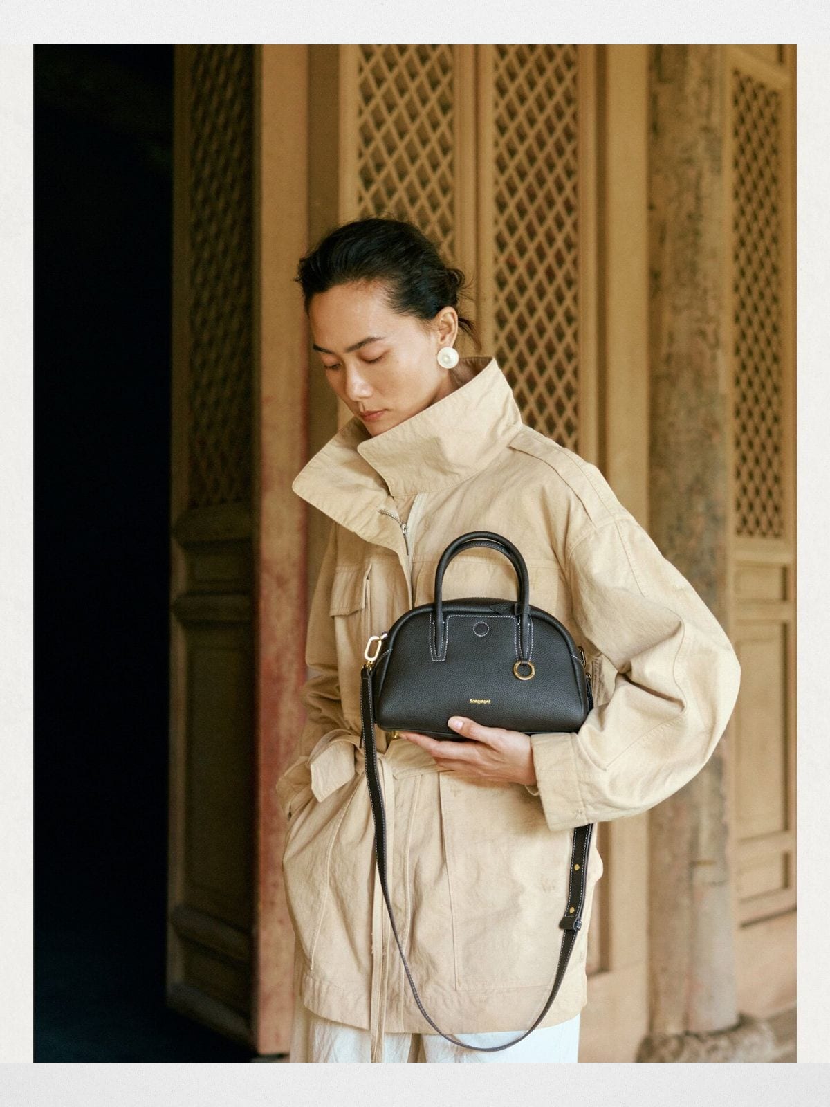 Songmont Leather Mini Bowling Bag in Brown - On Model