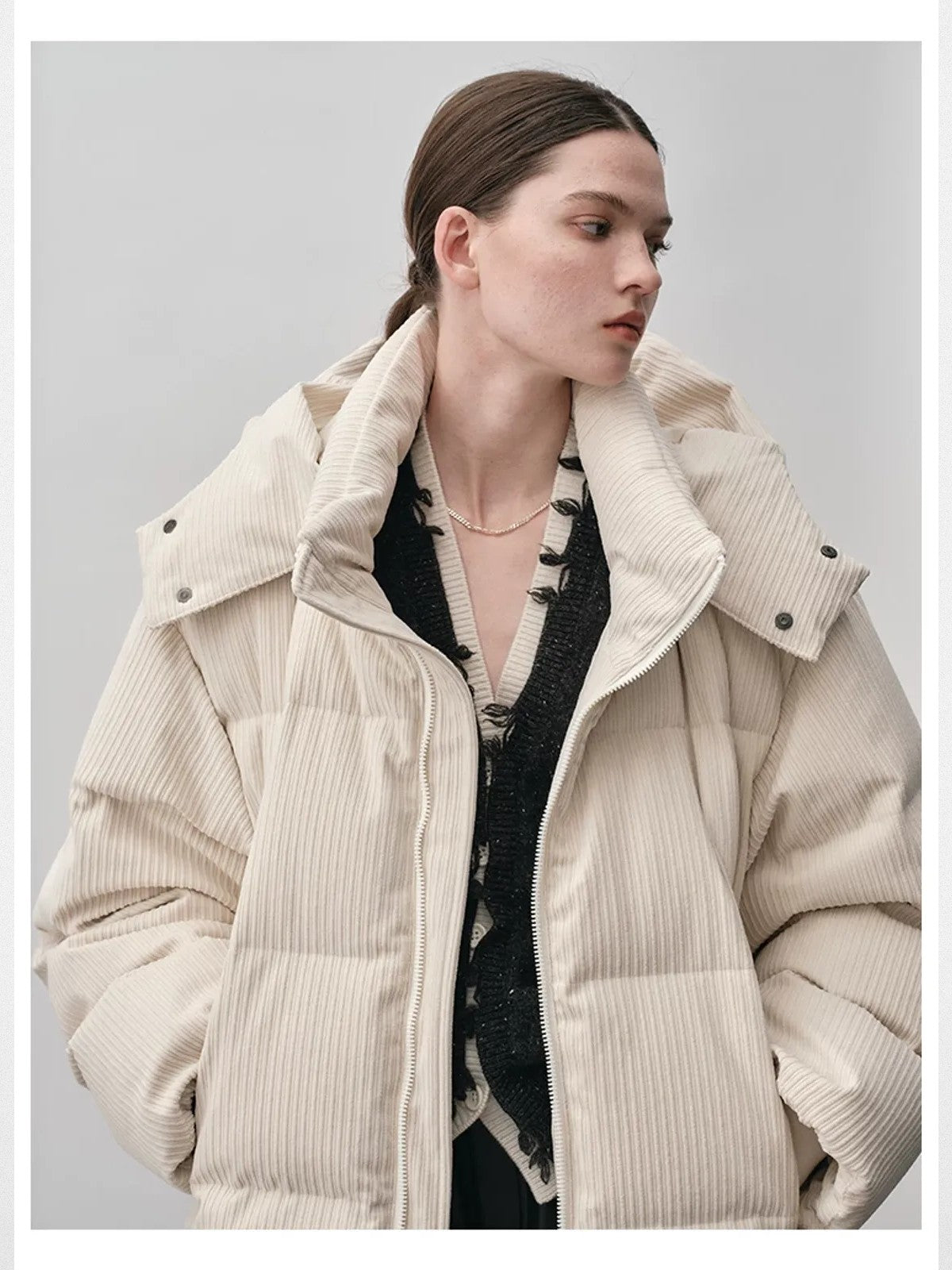 NANS Corduroy Texture Down Puffer Jacket in White - On Female Model