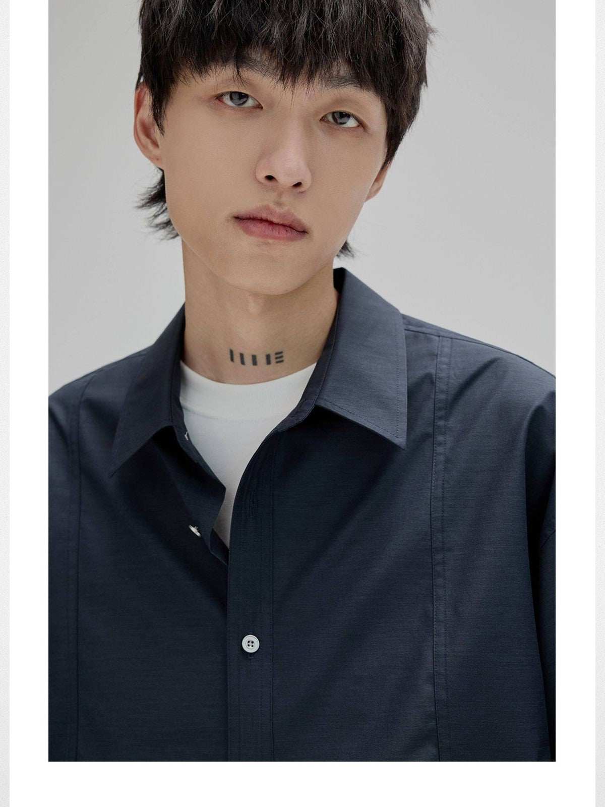 NANS Curved Seam Cotton Blend Shirt in Navy Blue - On Model