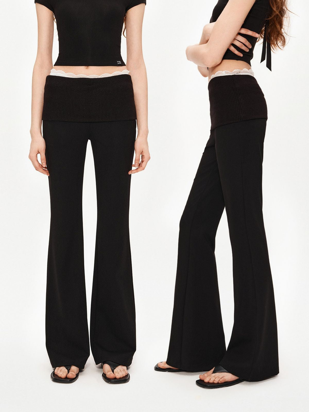 PUKI Ribbed Waist Micro Flare Pants in Black - On Model