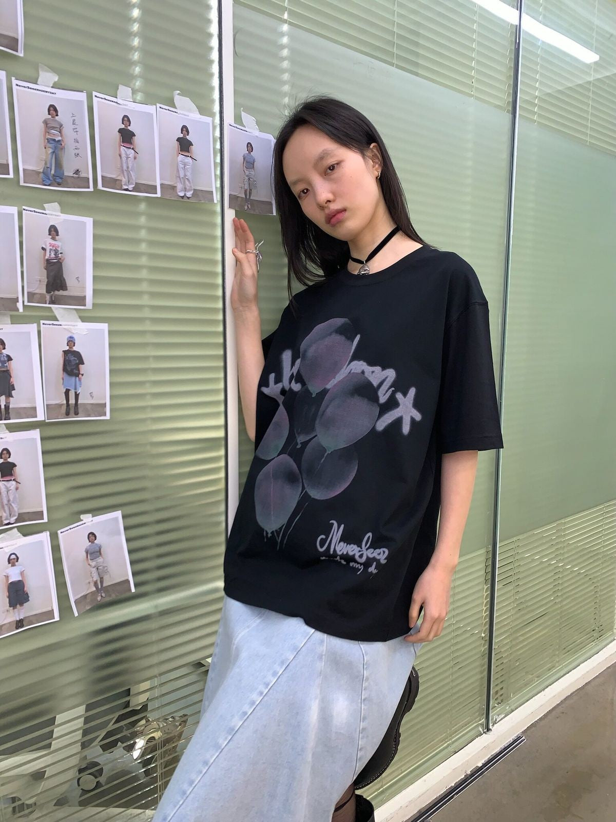 NeverSeez Retro Balloon Print Cotton T Shirt in Black - On Female Model