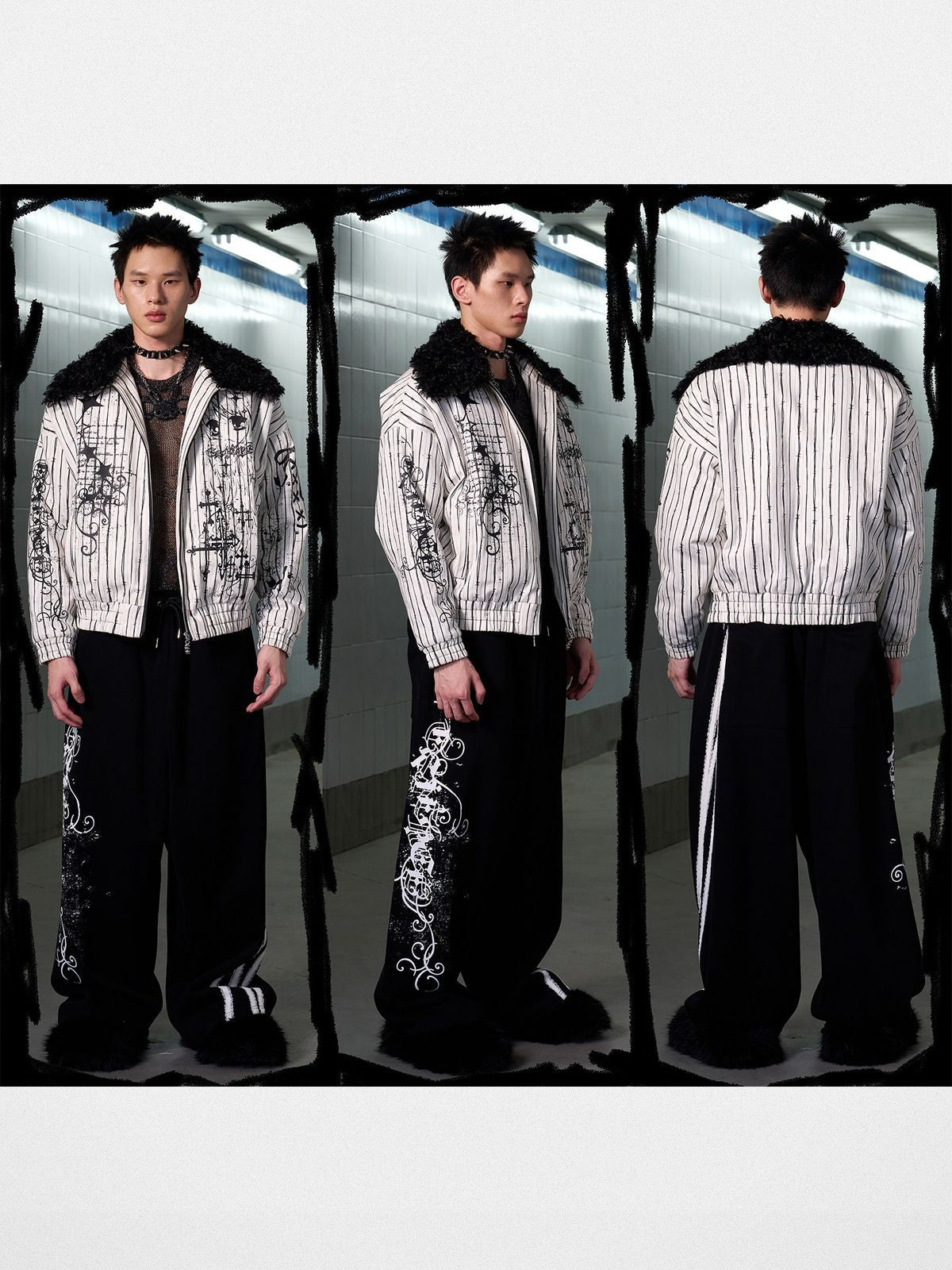 CFIERCE Thorn Stripe Fur Collar Jacket in White - On Male Model