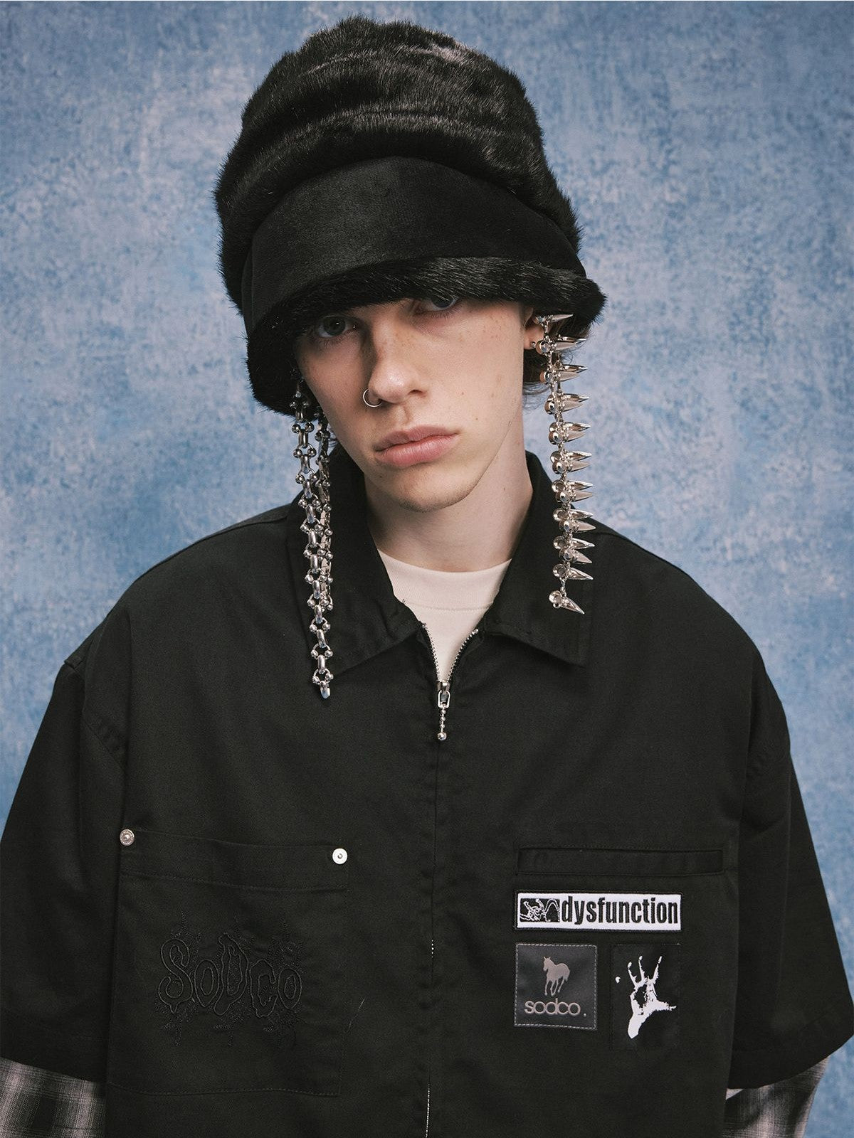 SOD Online Store Layered Sleeve Zip Up Shirt Jacket in Black - On Model