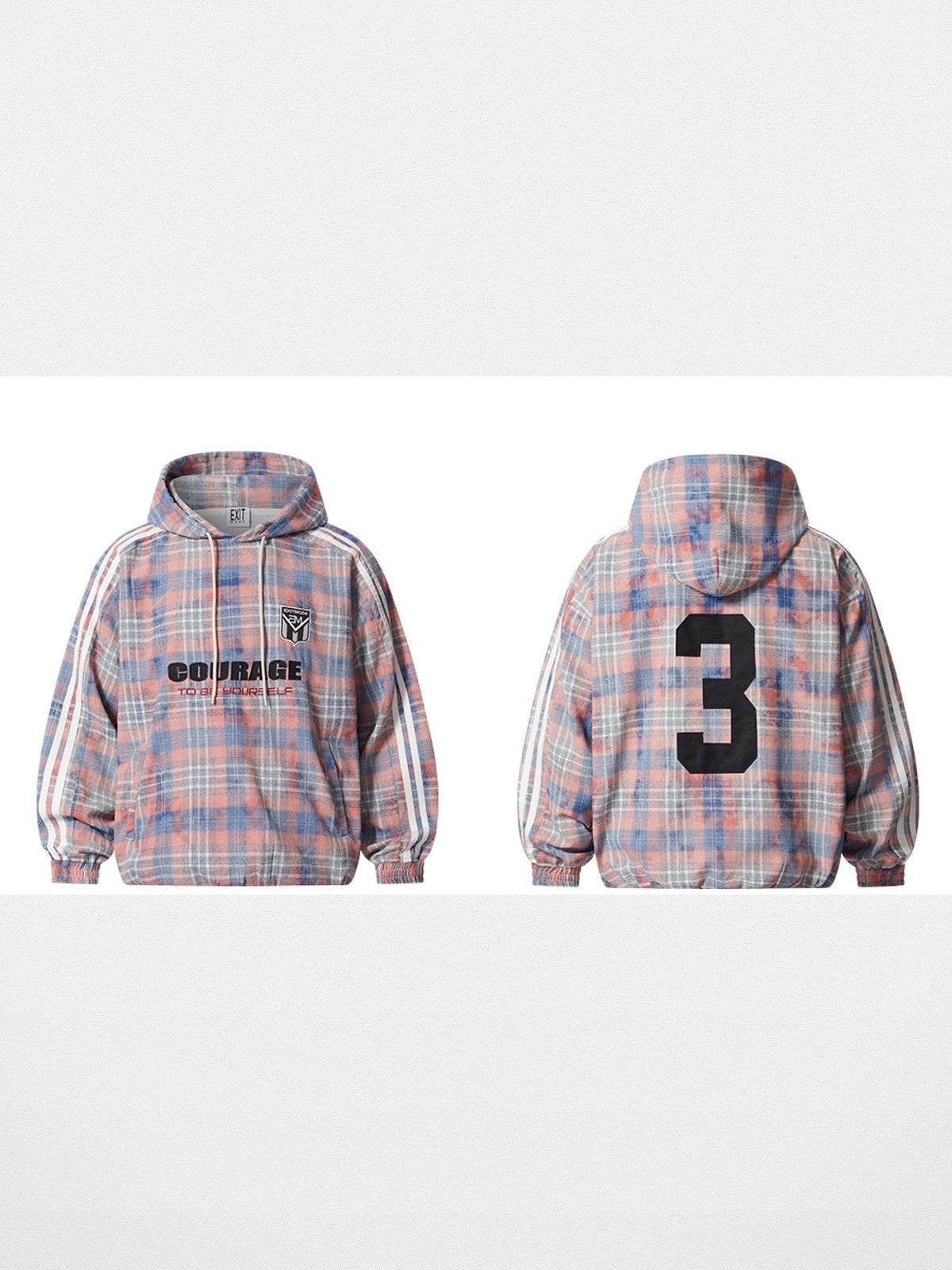 BLINDNOPLAN Plaid Spliced Pullover Hoodie in Blue