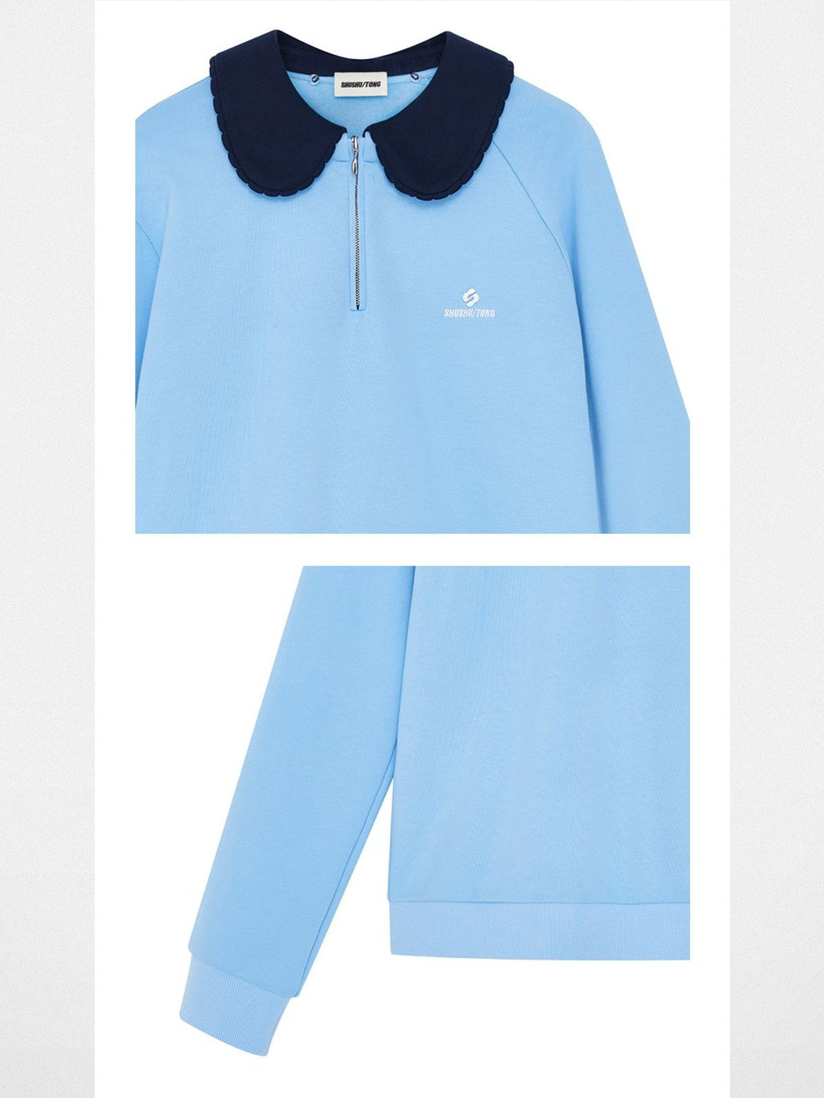 SHUSHUTONG Peter Pan Collar Half Zip Sweatshirt in Sky Blue - Detail
