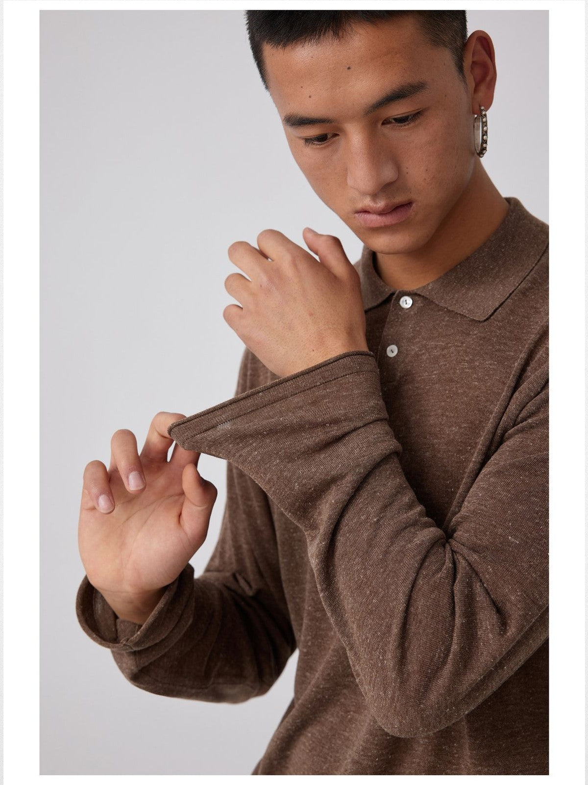 Simple Project Semi Sheer Linen Blend Knit Polo in Brown - On Male Model