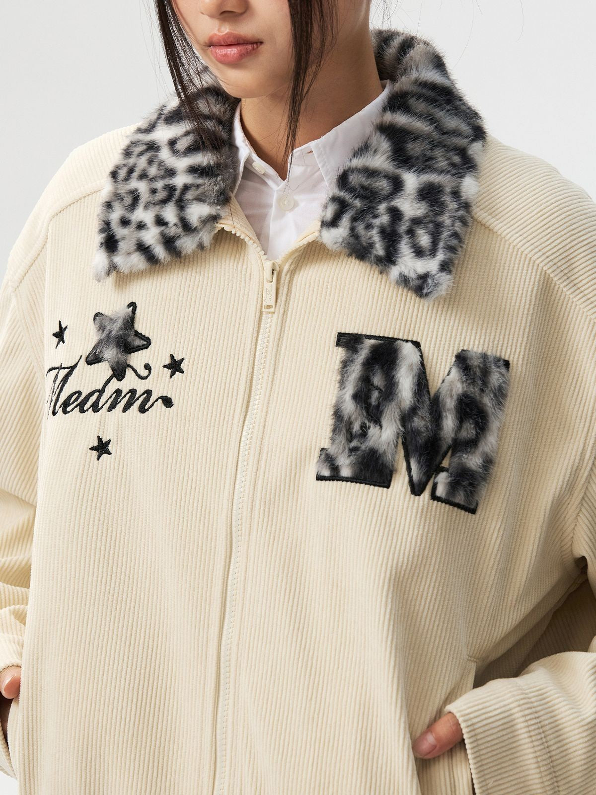 MEDM Leopard Collar Corduroy Padded Jacket in Cream - On Female Model