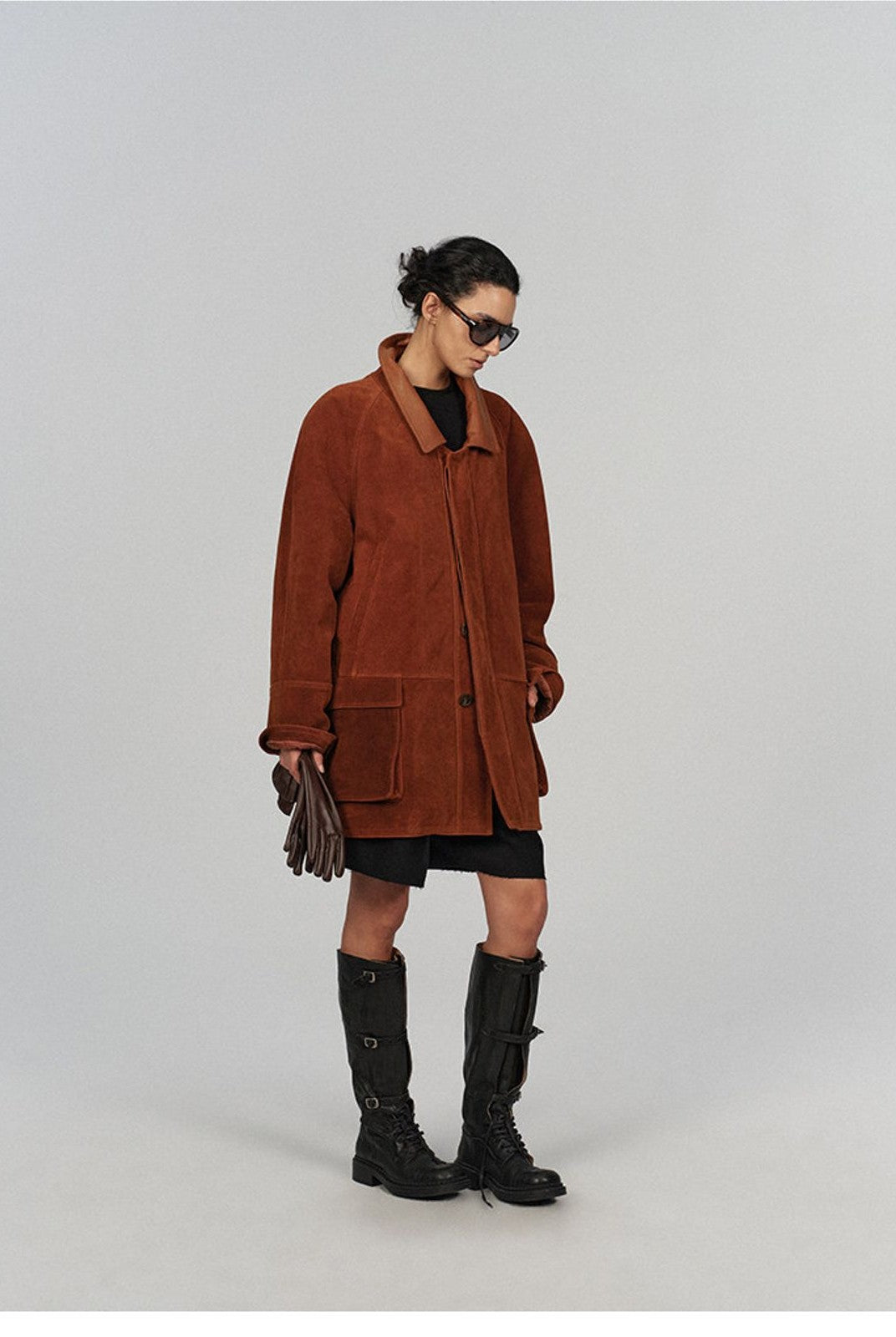 ACSENSE STUDIO Slouchy Padded Leather Coat in Brown - On Model