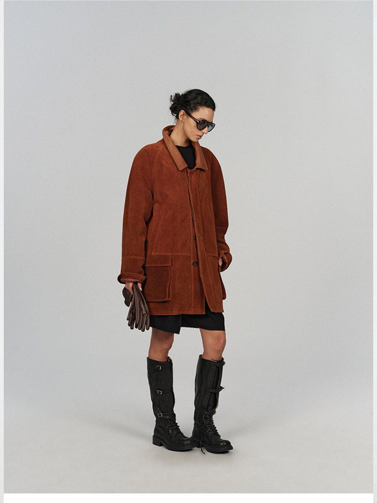 ACSENSE STUDIO Slouchy Padded Leather Coat in Brown - On Model