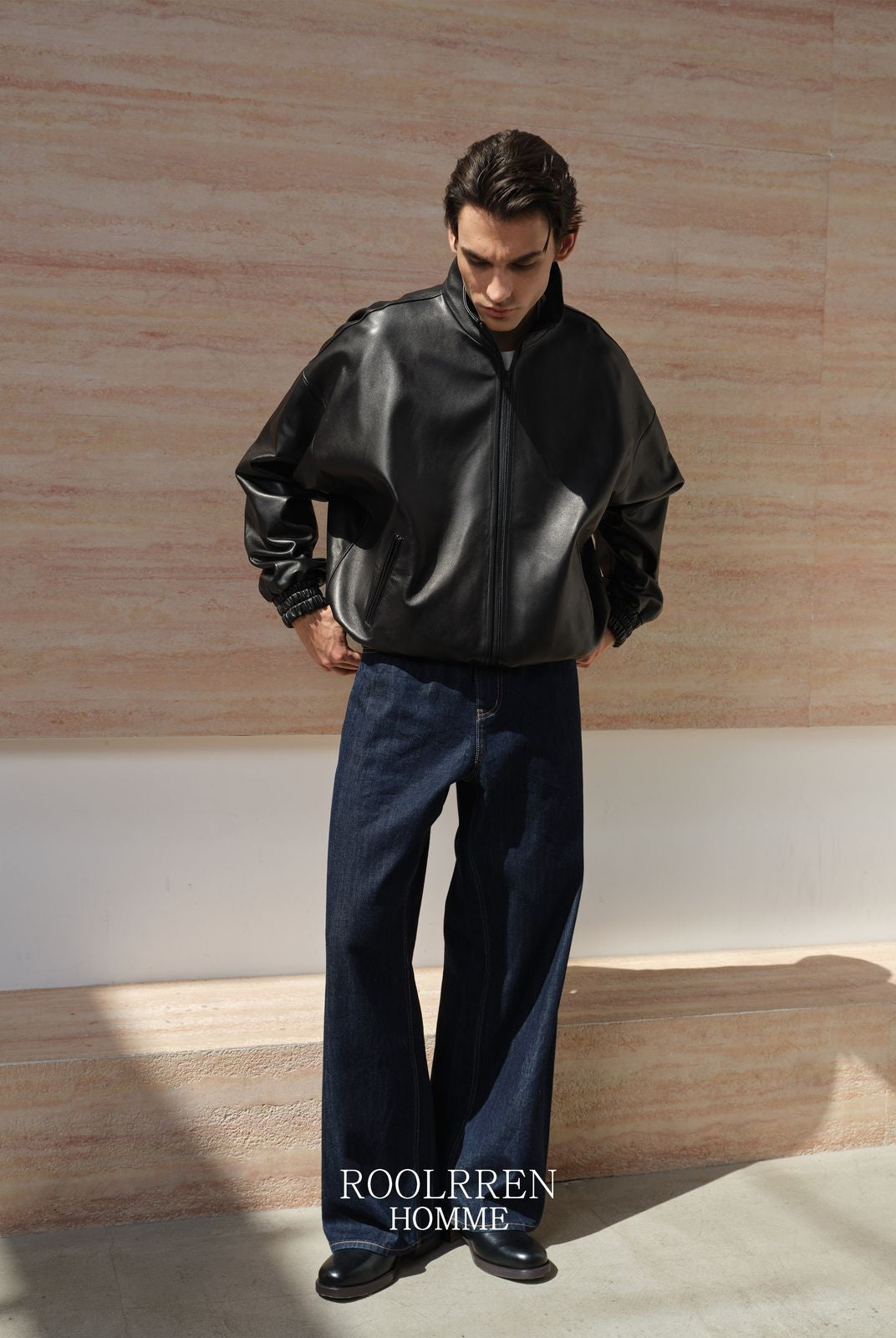 Roolrren Homme Vegetable Tanned Sheepskin Jacket in Black - On Model