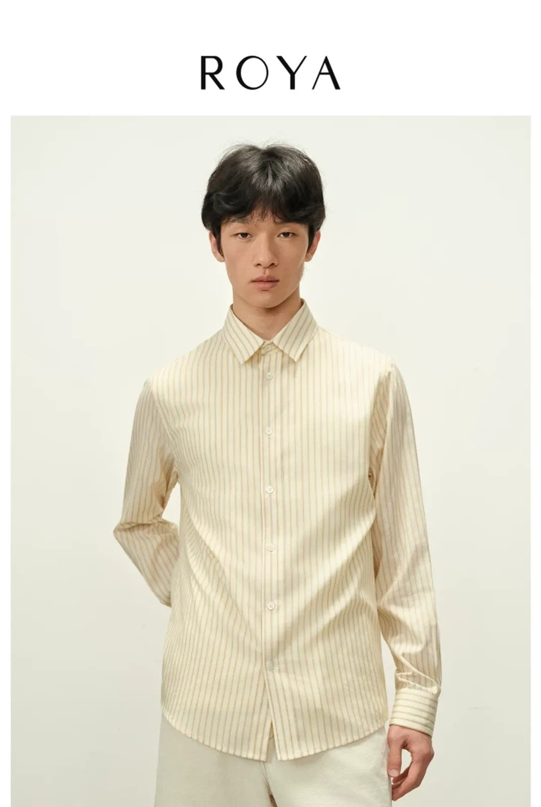 ROYA Striped Lyocell Silk Blend Shirt in Yellow - On Model