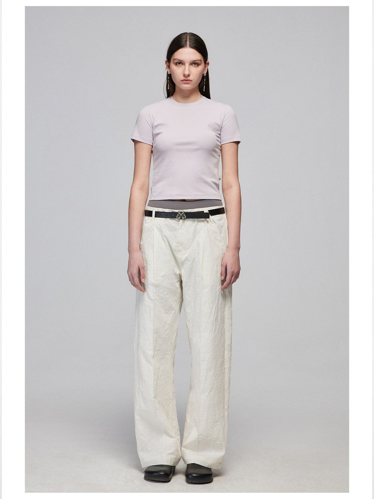 Simple Project Crinkled Straight Leg Trousers in White - On Female Model
