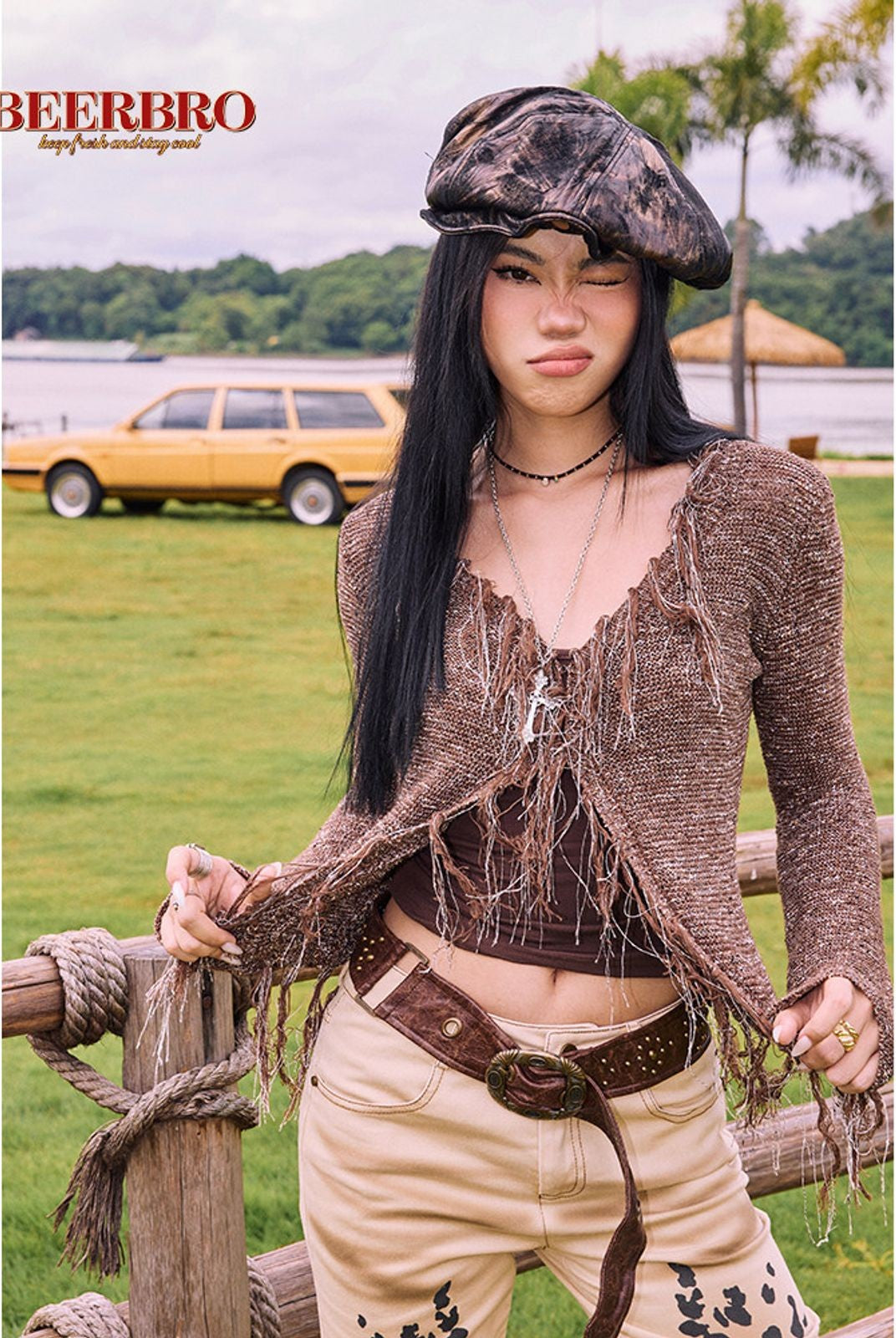 BeerBro Western Fringe Wool Cardigan in Beige