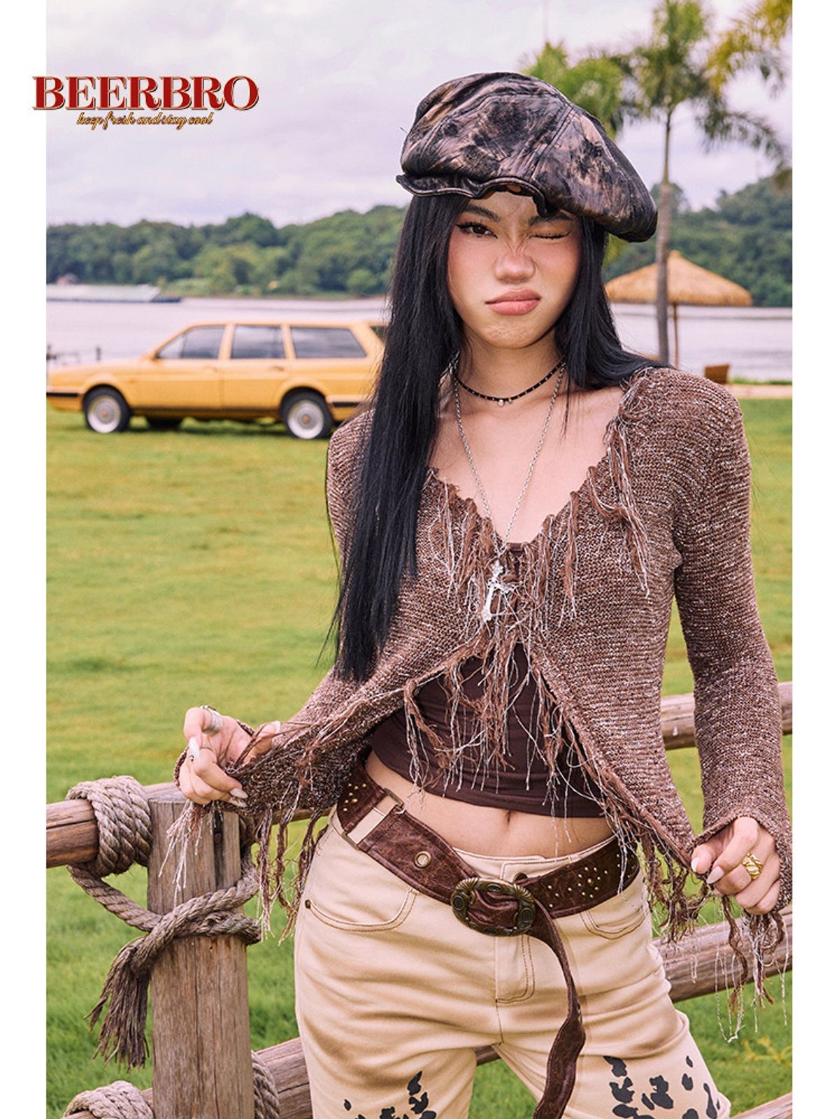 BeerBro Western Fringe Wool Cardigan in Beige