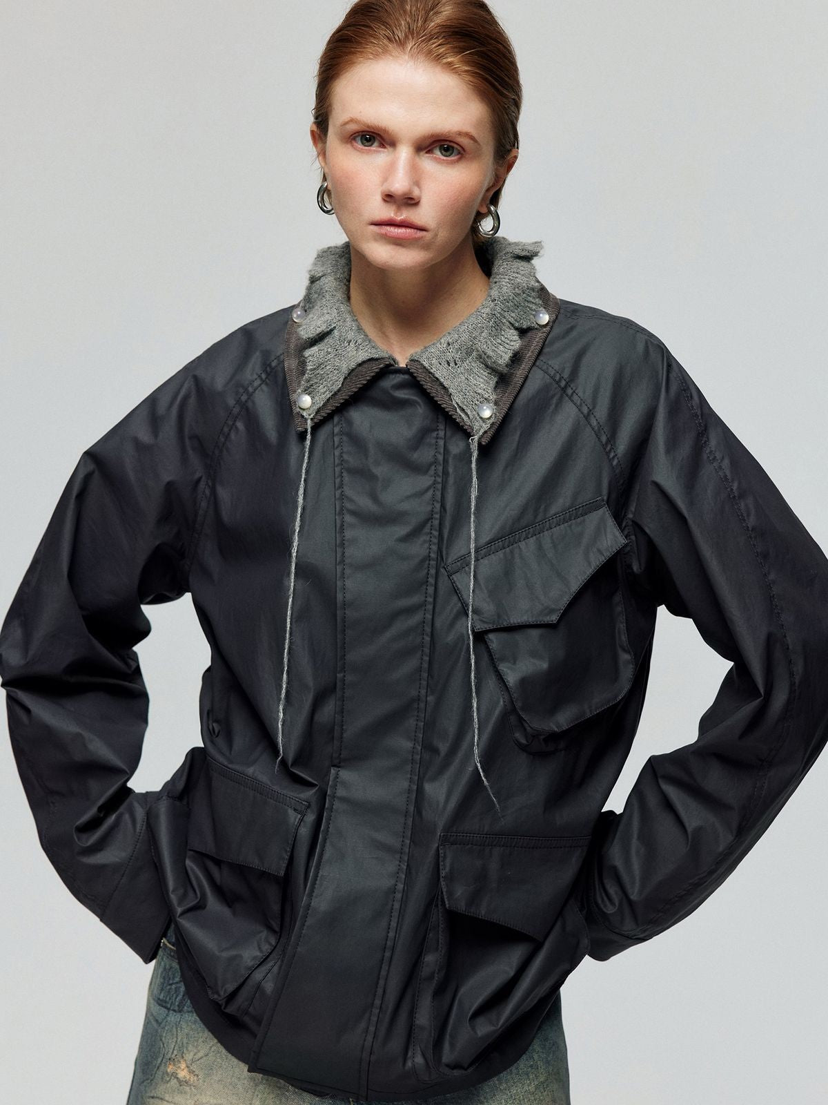 Simple Project Waxed Knit Collar Safari Jacket in Gray - On Female Model