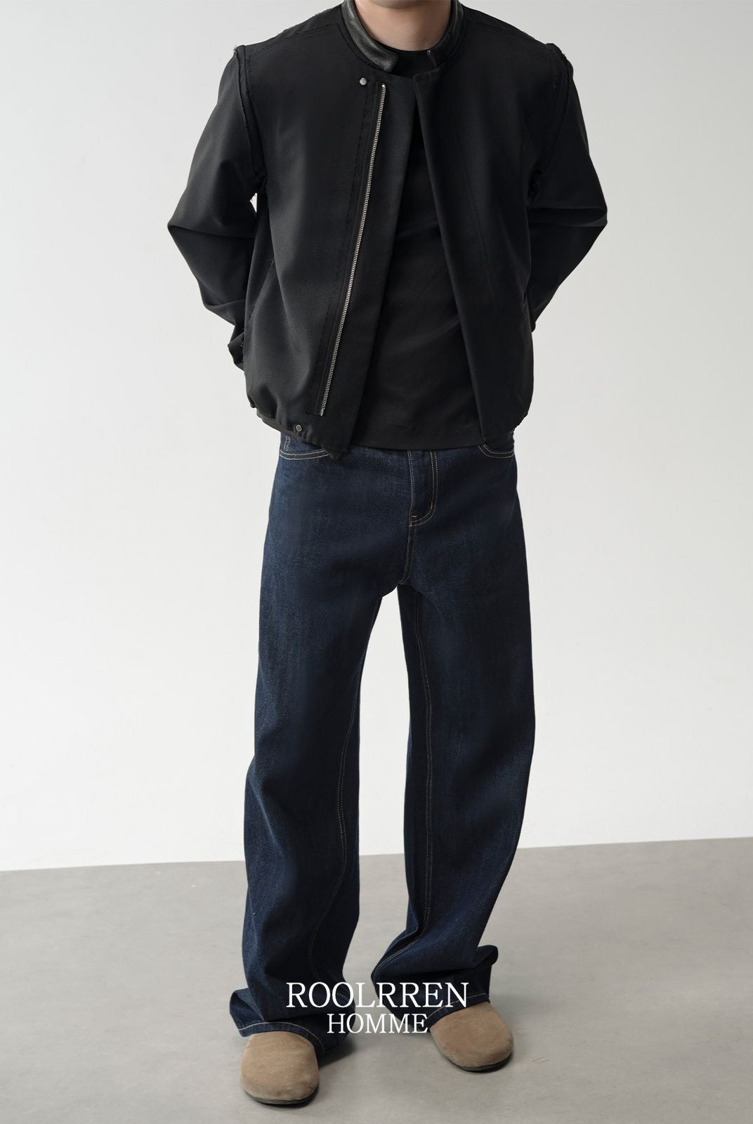 Roolrren Homme Leather Collar Wool Blend Jacket in Black - On Model