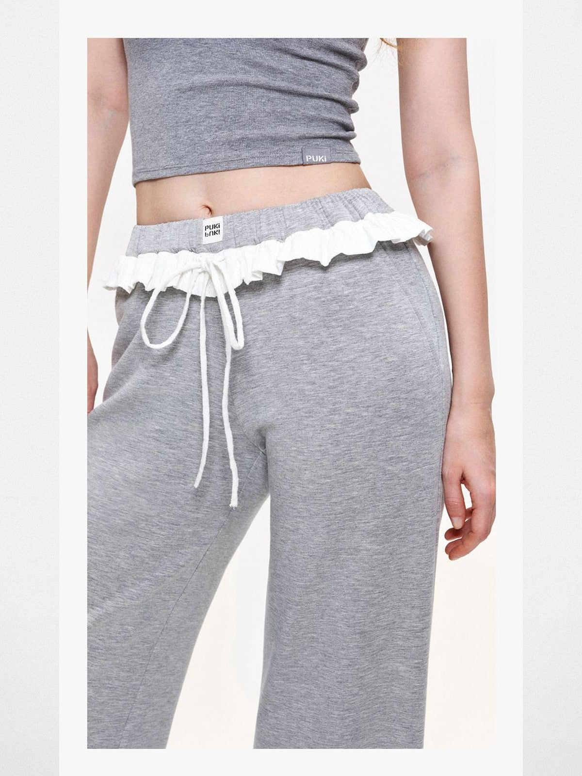 PUKI Ruffle Waist Wide Leg Sweatpants in Gray - Detail