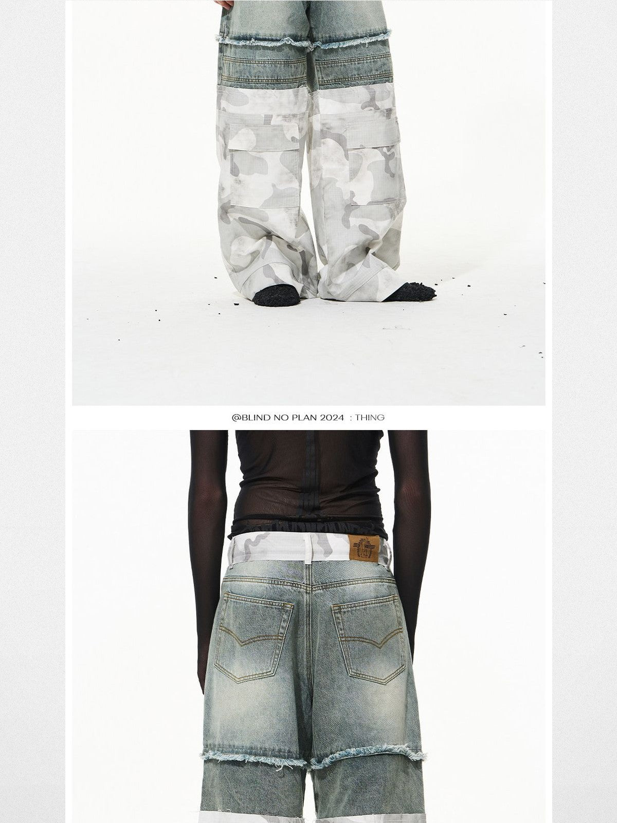 BLINDNOPLAN Double Layer Camo Spliced Jeans in Blue - On Model