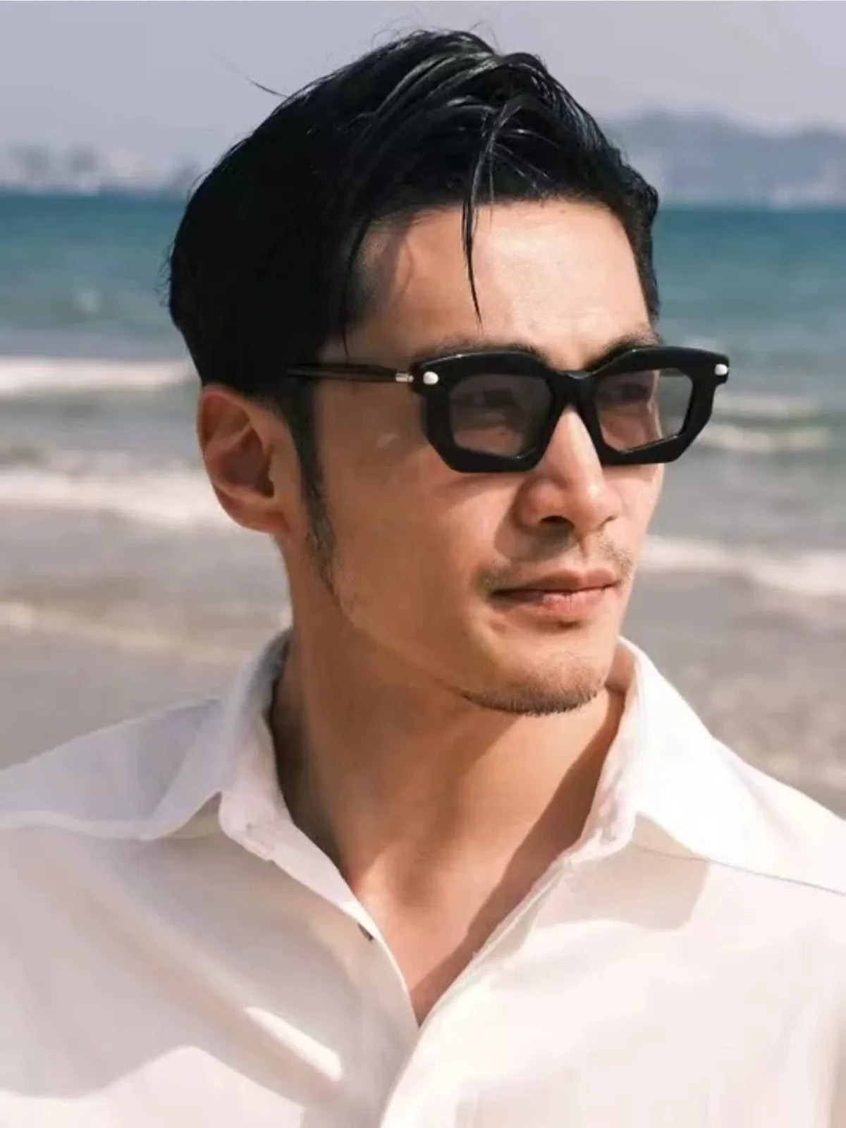FUTURE UPDATE Geometric Acetate Sunglasses in Gray - On Male Model