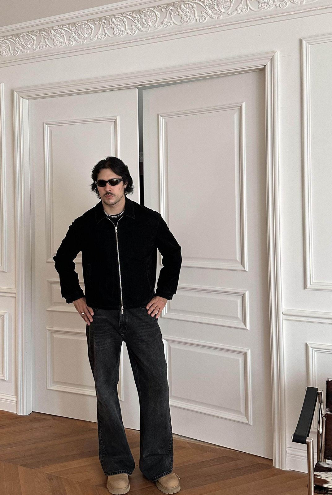 Roolrren Homme Flocked Velvet Denim Jacket in Black - On Model