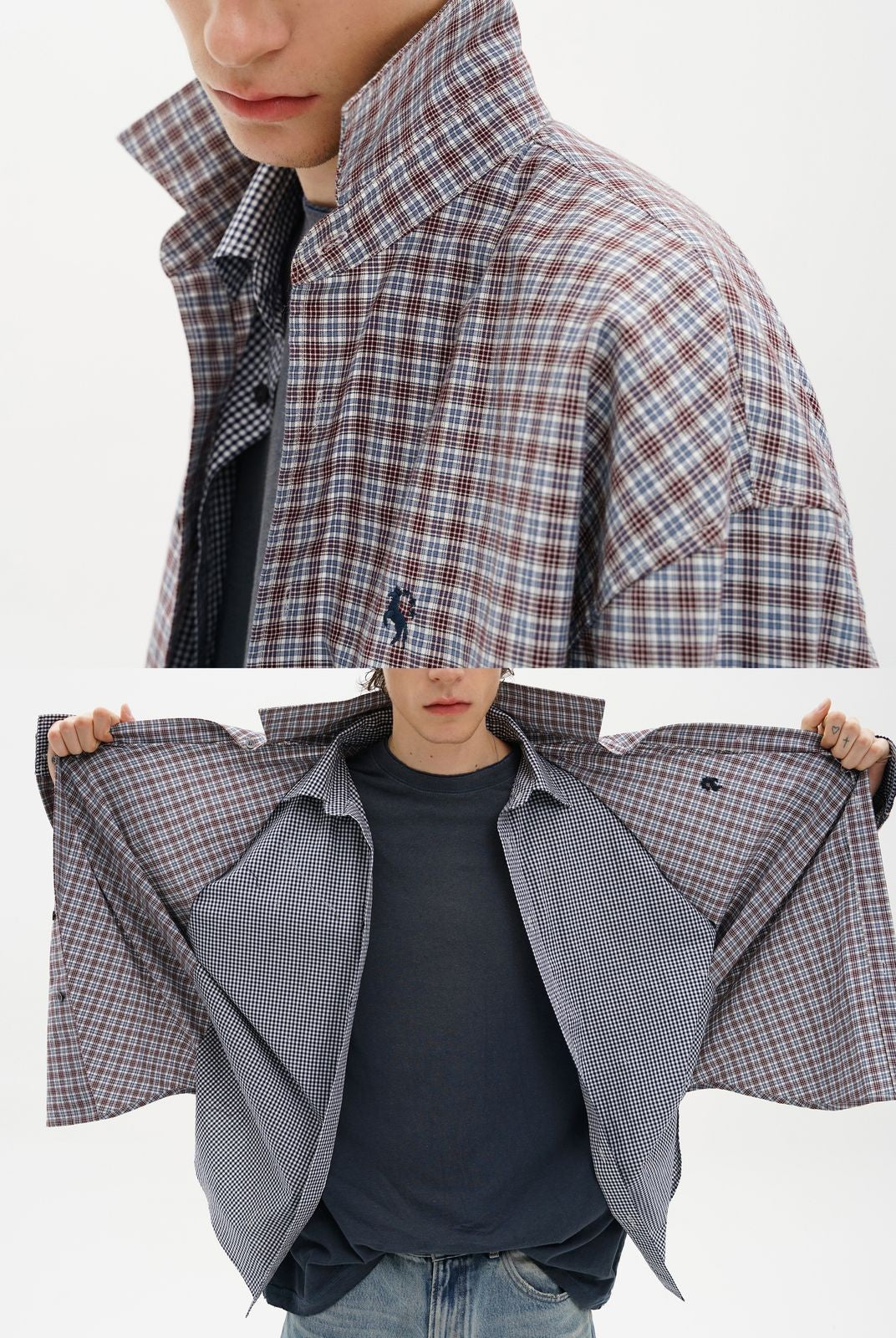 MASONPRINCE Layered Plaid Cotton Blend Shirt in Burgundy - On Model #color_burgundy