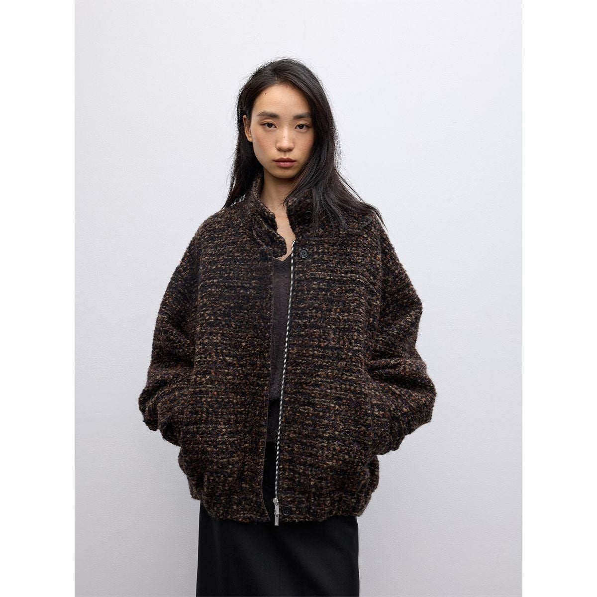 RandomPiece Alpaca Wool Blend Boucl Jacket in Brown - On Model