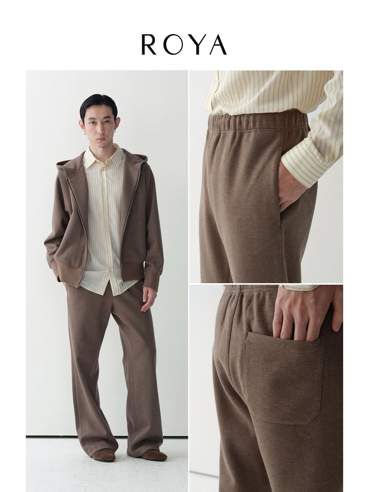 ROYA Merino Wool Blend Zip Hoodie in Oatmeal - On Male Model