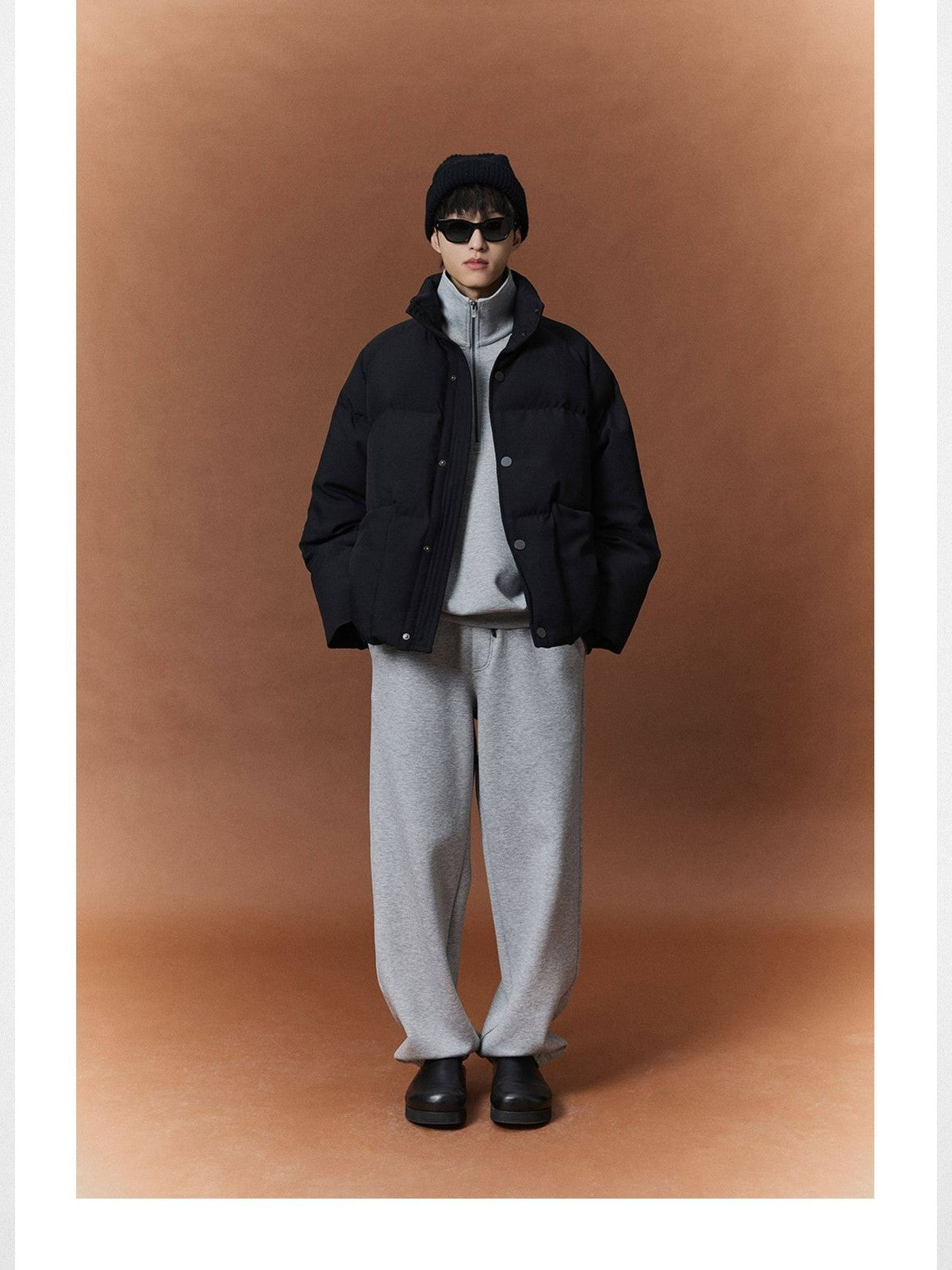 NANS Wool Touch High Neck Down Puffer in Black - On Model