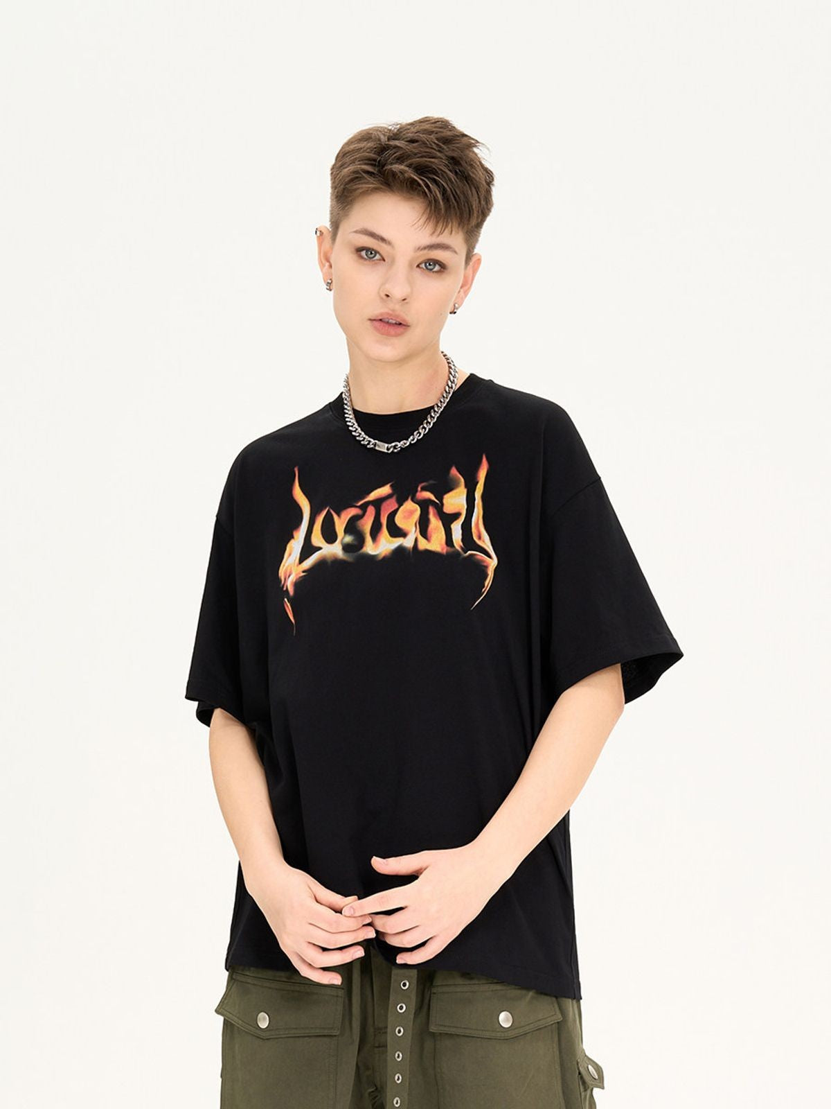 LOSTCTRL Flame Logo Heavy Cotton T Shirt in Black - On Model