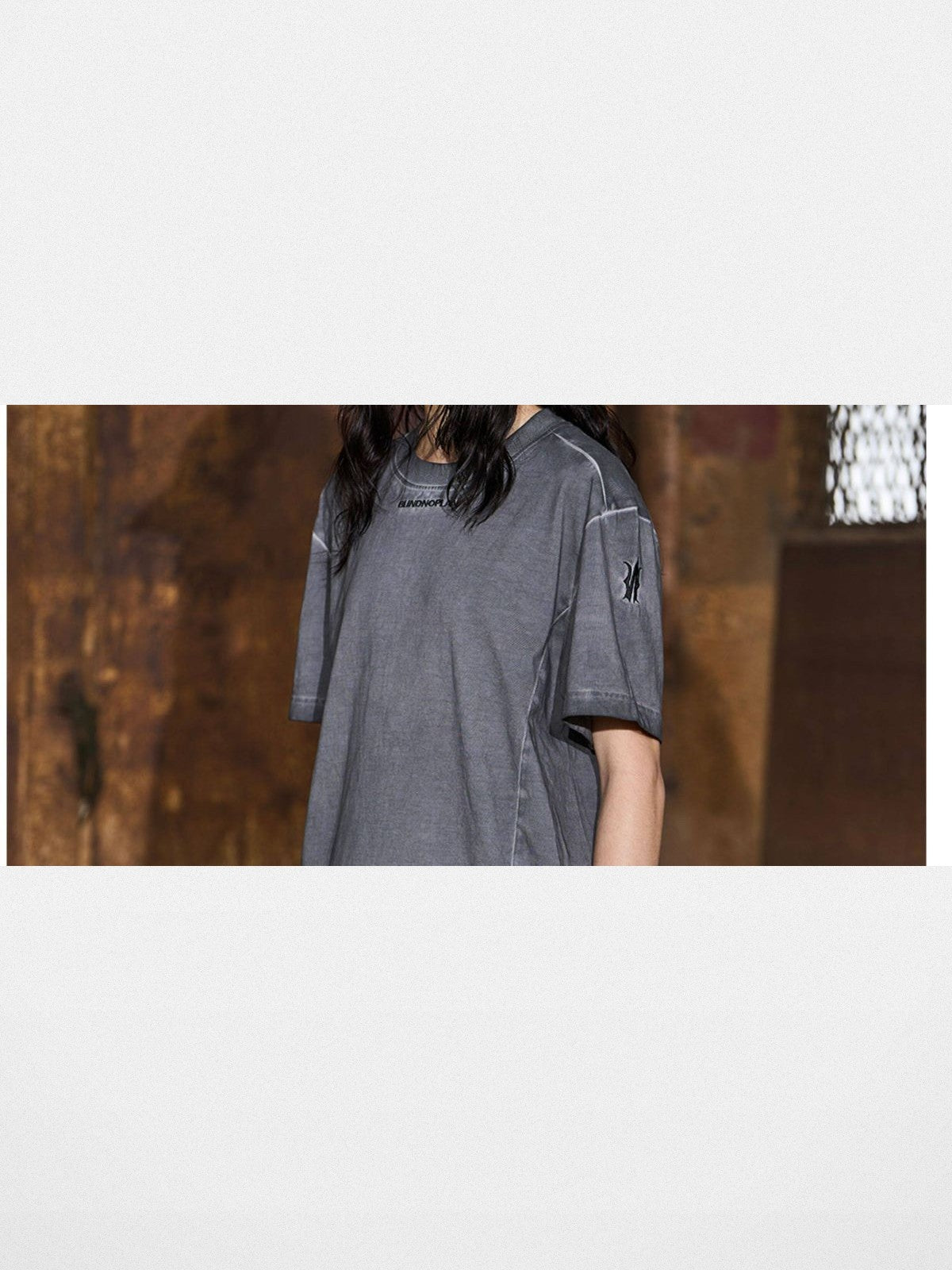 BLINDNOPLAN Distressed Embroidered Cotton Tee in Gray - On Model