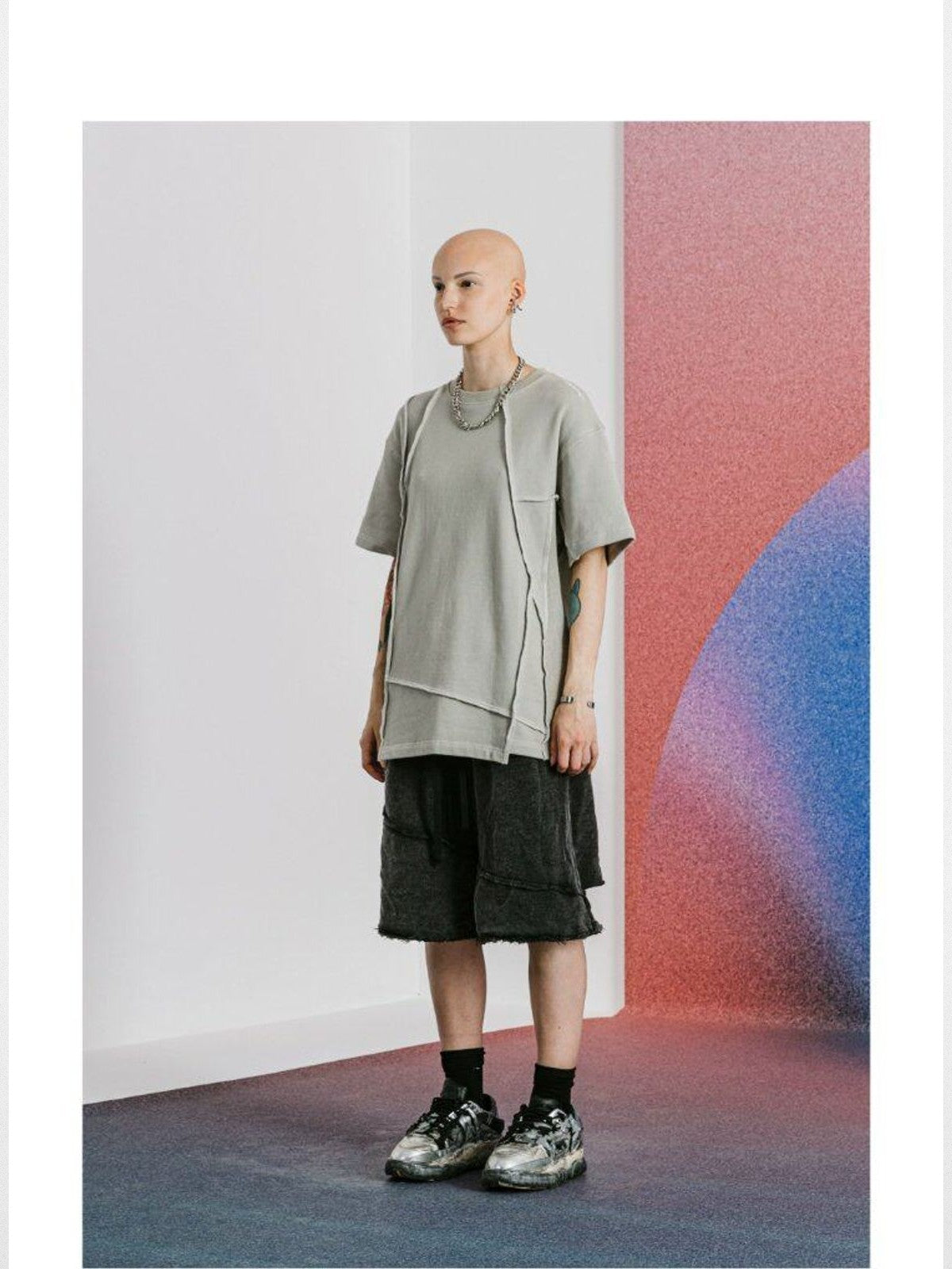 LOSTCTRL Raw Edge Panel Sweat Shorts in Gray - On Female Model